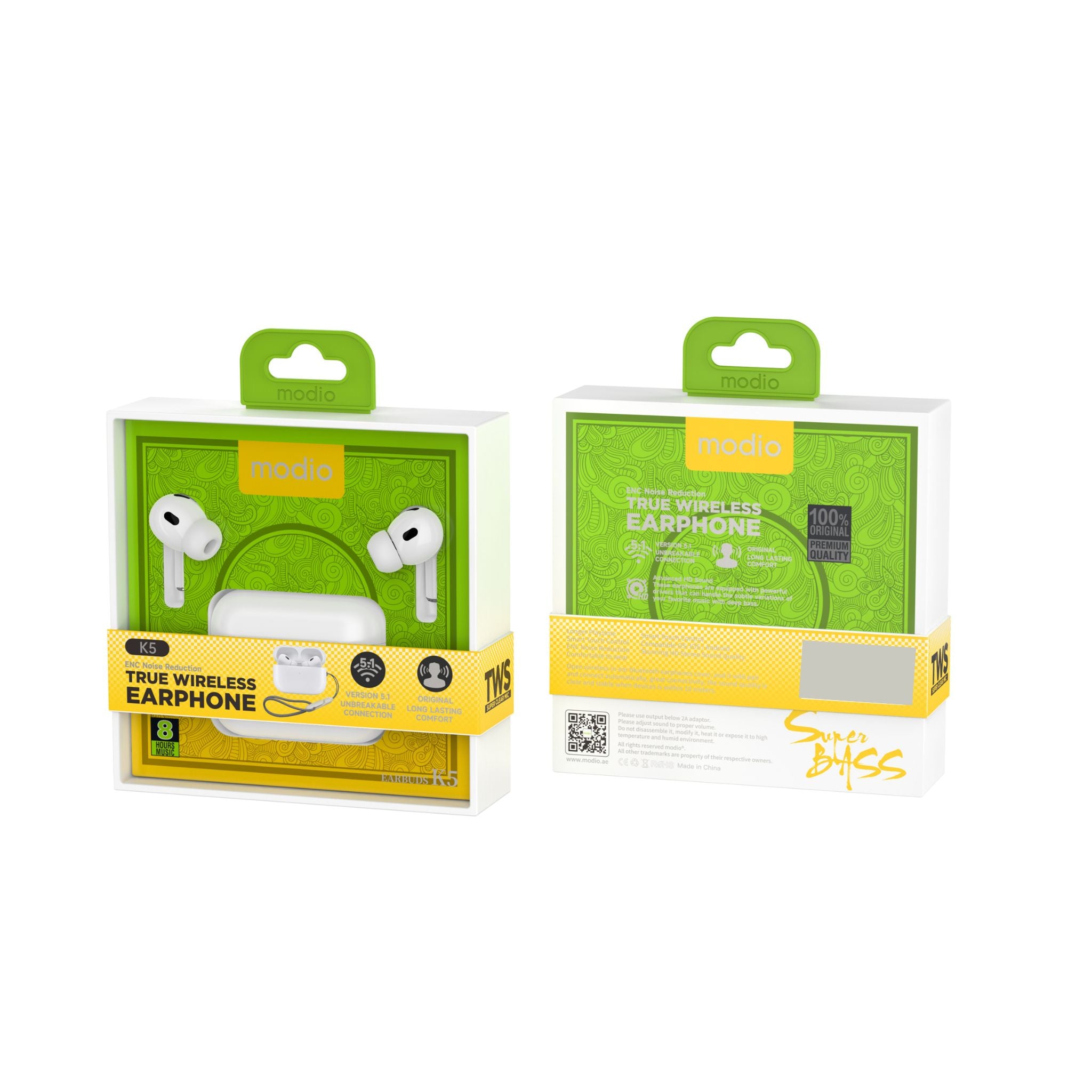 Modio K5 True Wireless Earphone - White With Free Case
