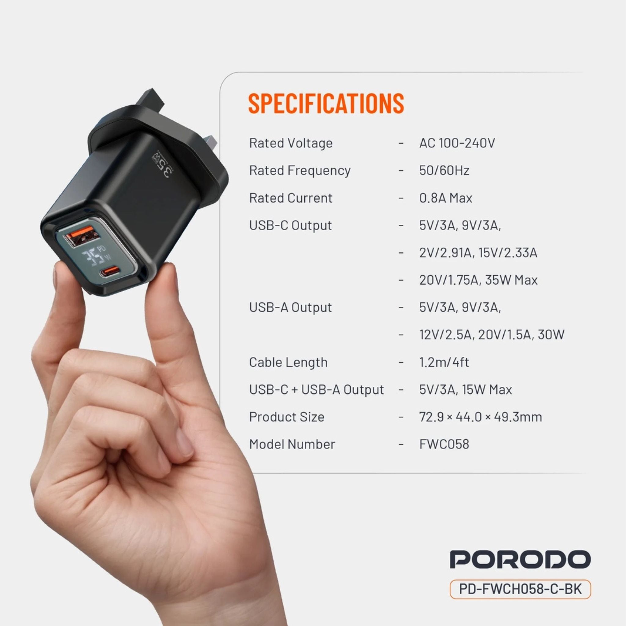 Porodo  PD35W GaN Display Screen USB +C Fast Charger UK Plug with  Type-C Transparent Cable - Black