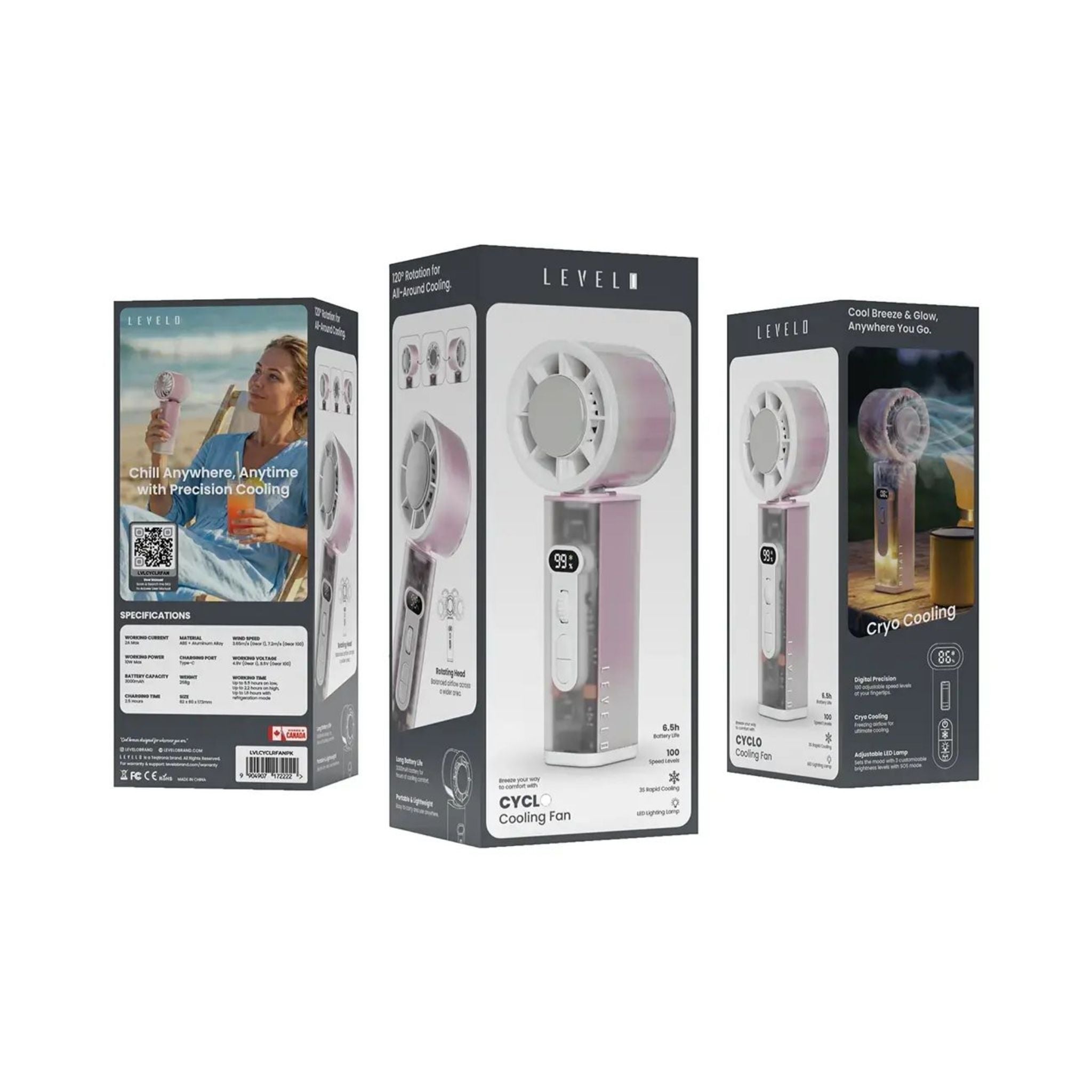 Levelo Cyclo  3000mAh Cooling Fan with  Rotating Head - Pink