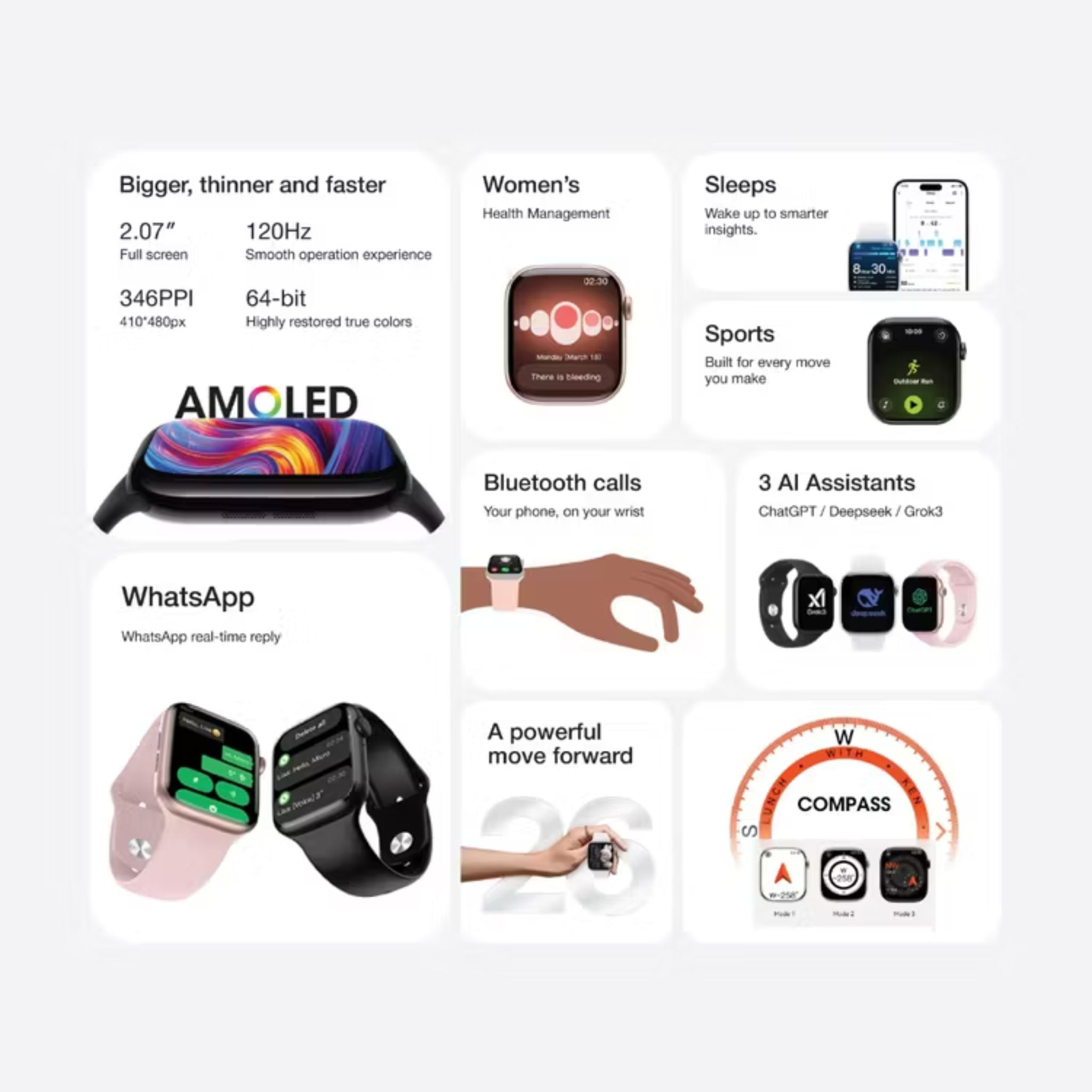 Green Lion Communicate 46mm Smartwatch , 2.07” Super AMOLED Display, 375mAh Battery, 1GB Flash Storage, IP68 Waterproof, Bluetooth 3.0+5.4, Wireless Charging, Dynamic Island, Always-On Display, 500+ Watch Faces, 2–3 Days Use, 10-Day Standby- Silver