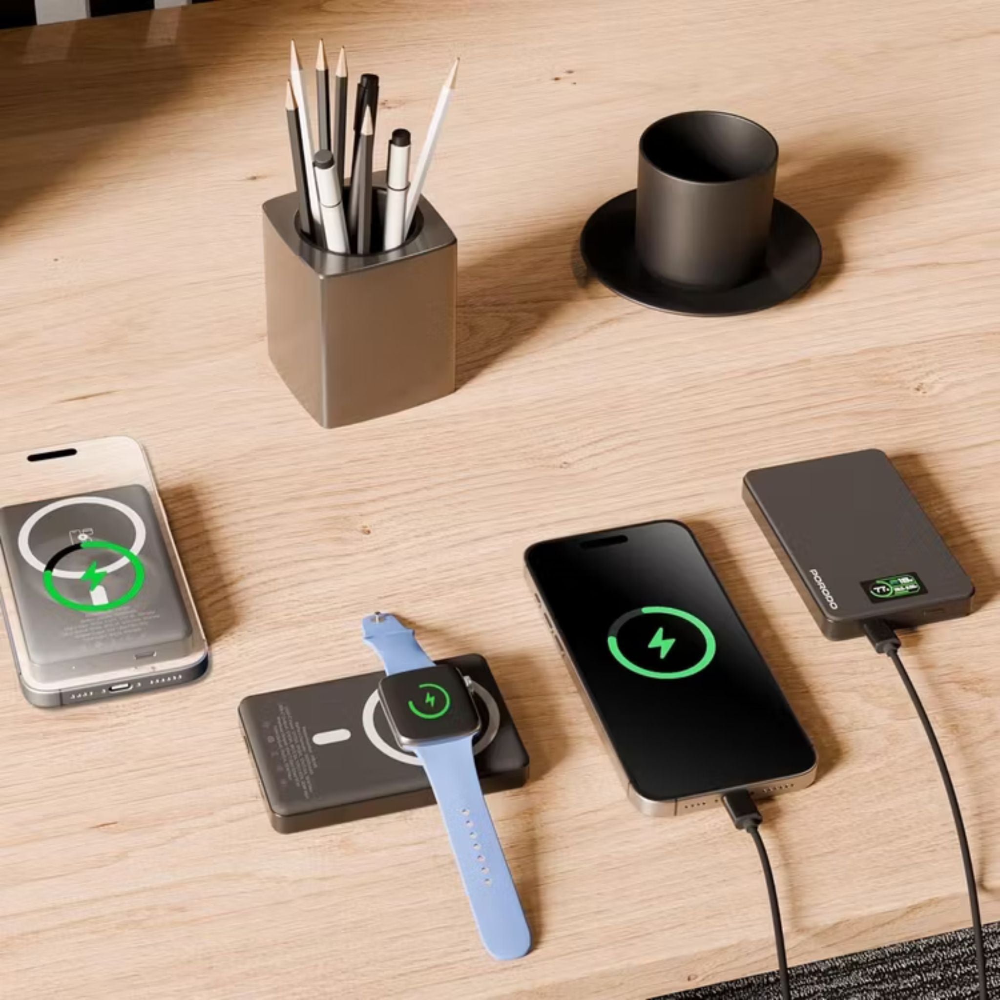 Porodo 10000mAh Power Bank with Real-Time TFT Smart Display, Type-C Input & Output, 20W PD Fast Charging, 15W Wireless Charging, Compatible with MagSafe, Smart Temperature Control - Dark Gray