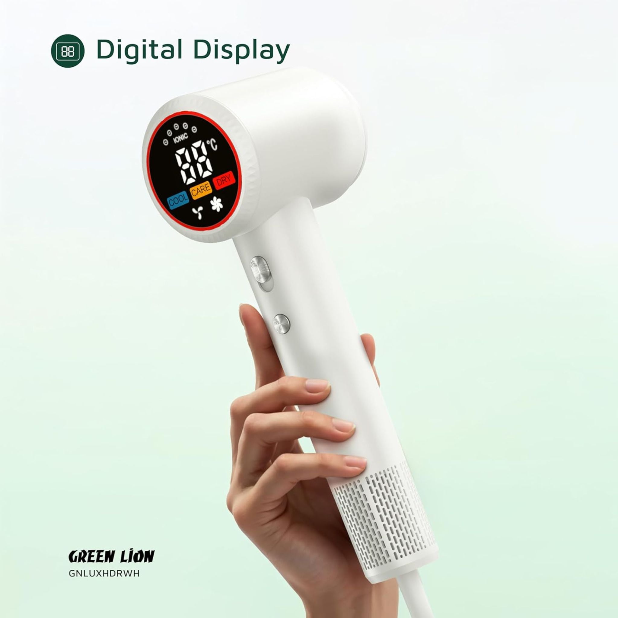 Green Lion LUXAIR Hair Dryer, 1600W BLDC Motor, Digital Display, Hot & Cold Air Alternating Mode, 3 Heat Settings, 2 Wind Speeds, Low Noise 68dB, Durable PC+ABS Body with Copper Heating Element, 1.8m UK Plug – White