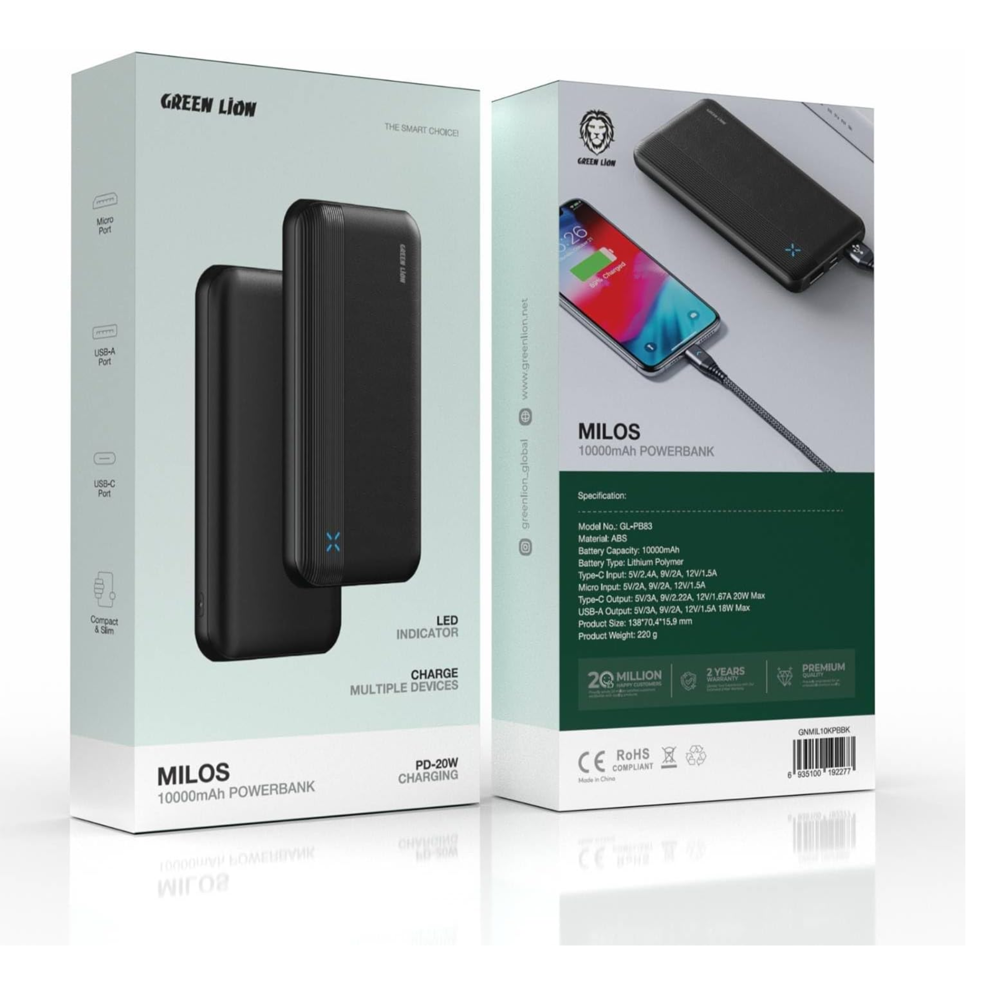 Green Lion Milos 10000mAh Power Bank, PD 20W Fast Charging, Dual Output USB-A & Type-C, LED Indicator, Compact & Slim, Lithium Polymer Battery, Portable & Lightweight - Black