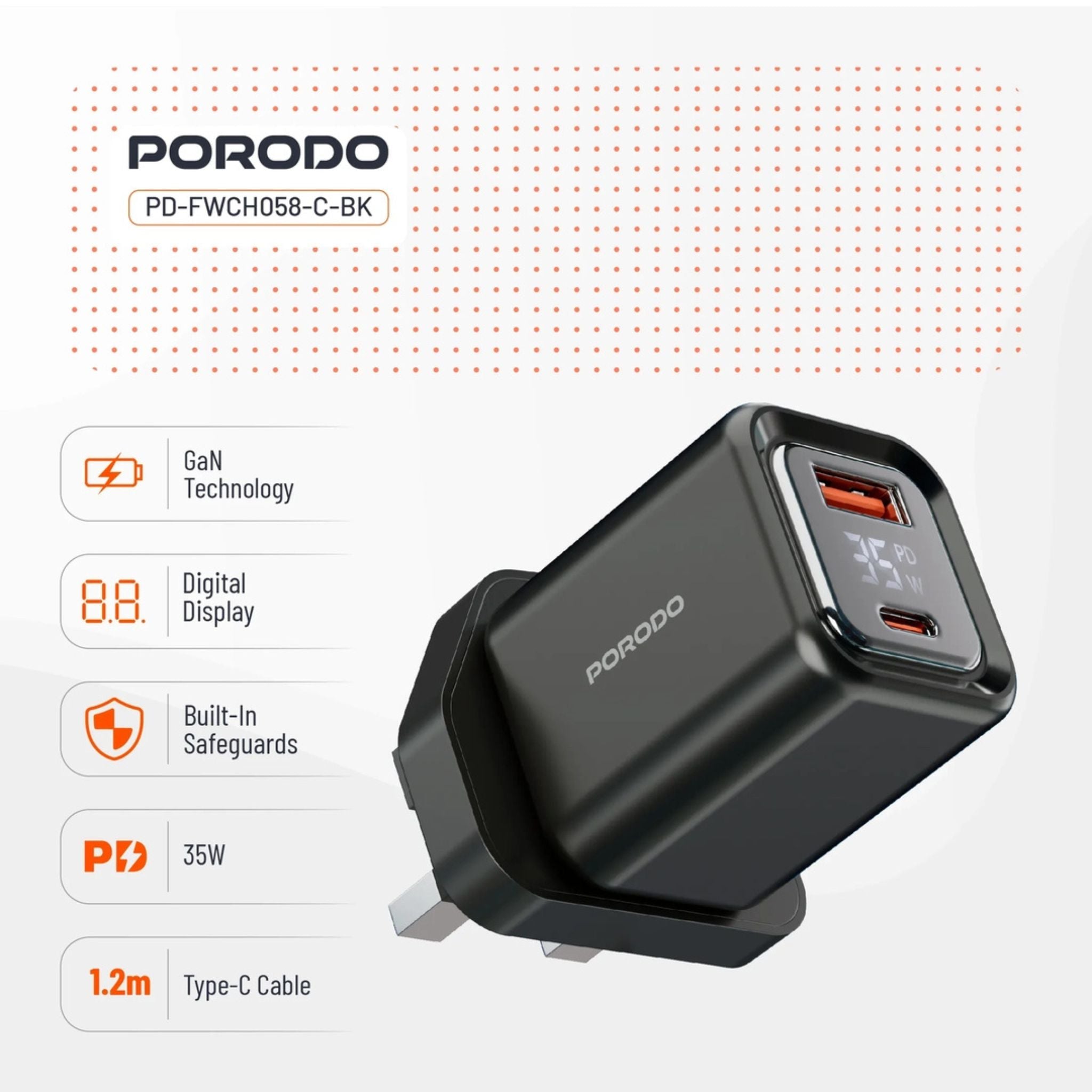 Porodo  PD35W GaN Display Screen USB +C Fast Charger UK Plug with  Type-C Transparent Cable - Black