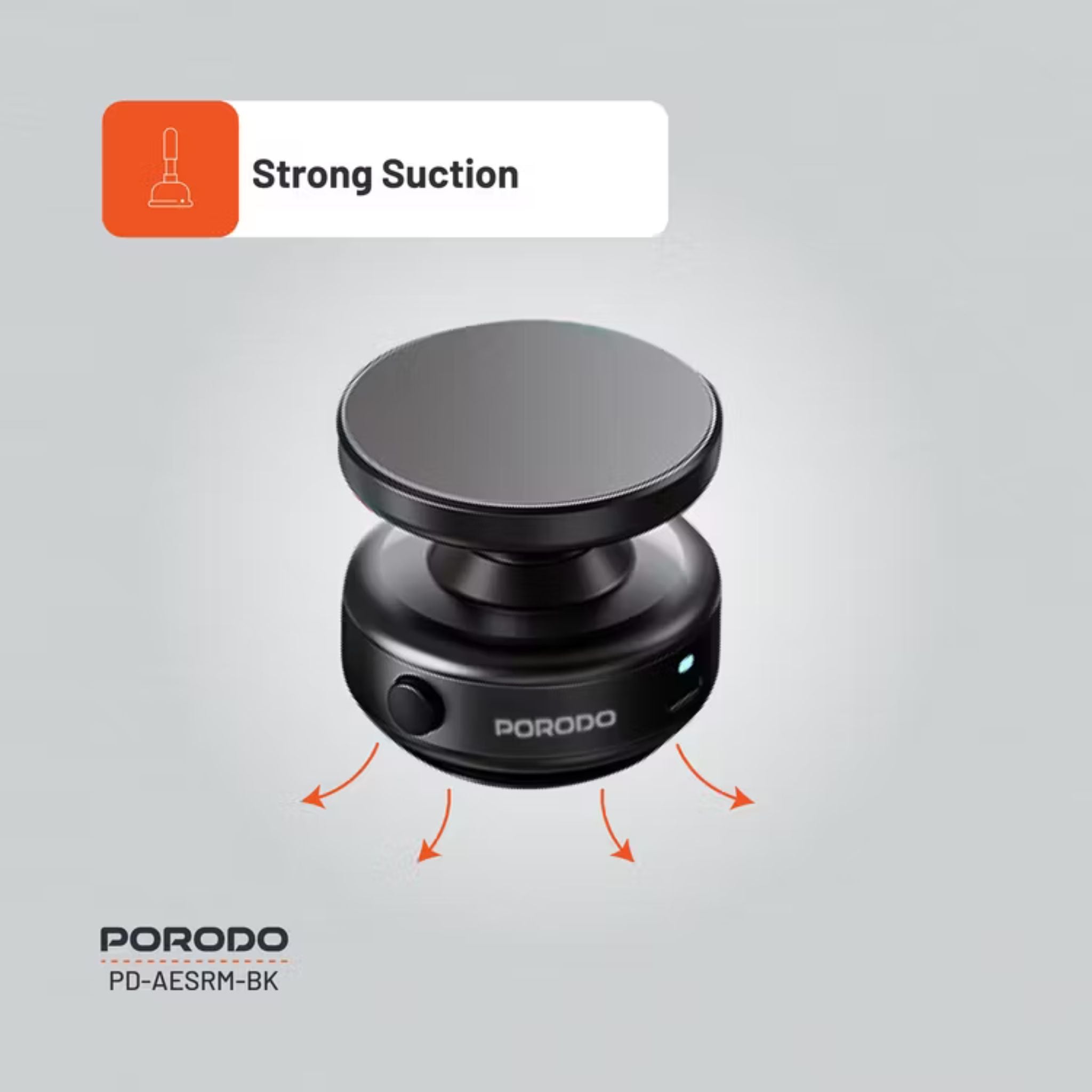 Porodo Vacuseal Magsafe Magnetic Mount with 110mAh Battery, Туре-С Charging Port, x16 Powerful N52 Magnets, 4.7" and Above Device Compatibility, Adjustable Viewing Angle - Black
