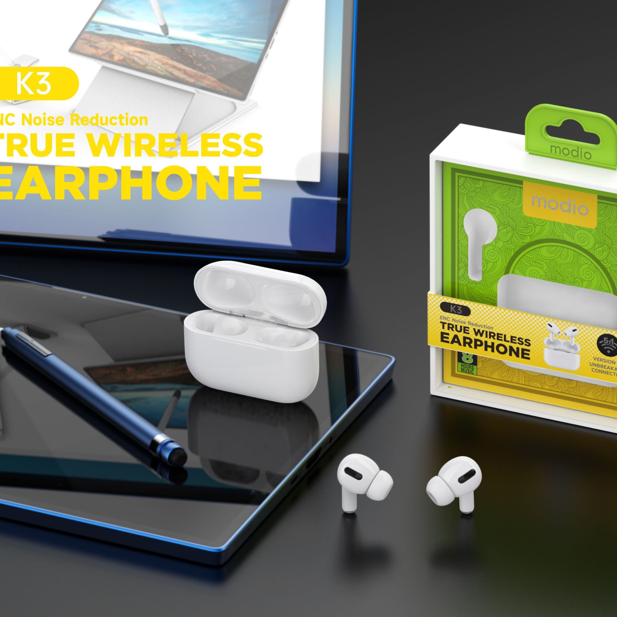 Modio K3 True Wireless Earphone with ENC noise Reduction-White