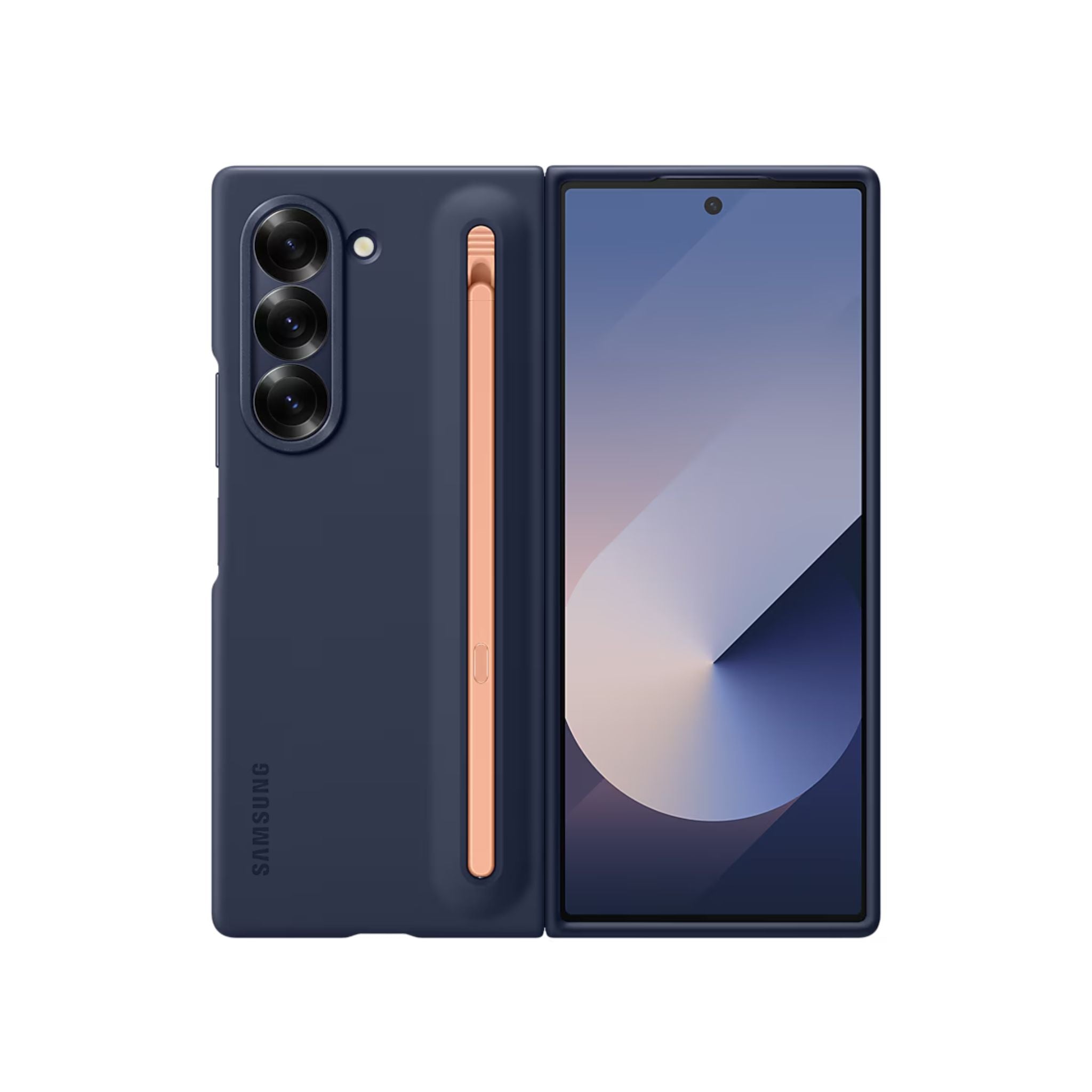 A navy-colored Samsung S Pen case designed for the Galaxy Z Fold5 and Z Fold6 smartphones. The case is displayed both closed and open, showing the S Pen stored inside.