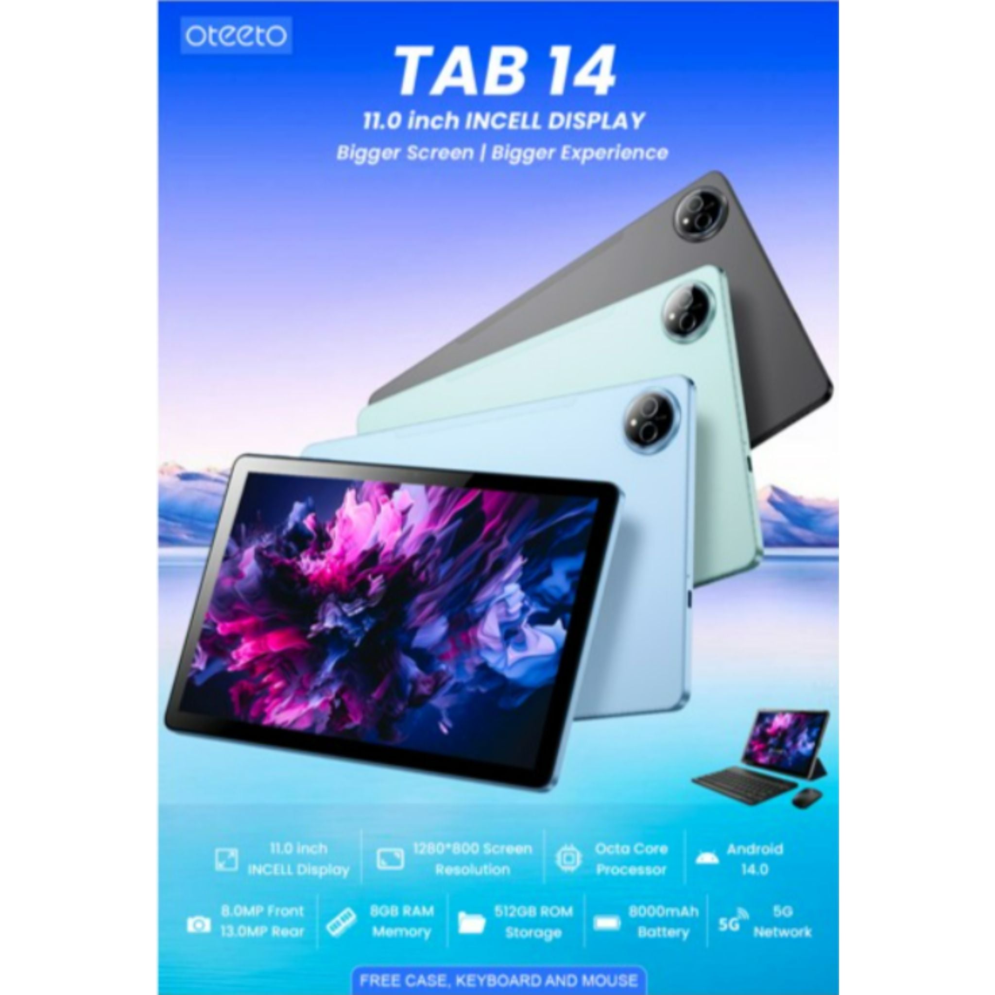 OTEETO Tab14 Pro Android 15 & 11.0" Incell 1280x800 Display 12gb Ram + 512gb Rom 5g Wi-fi -Grey