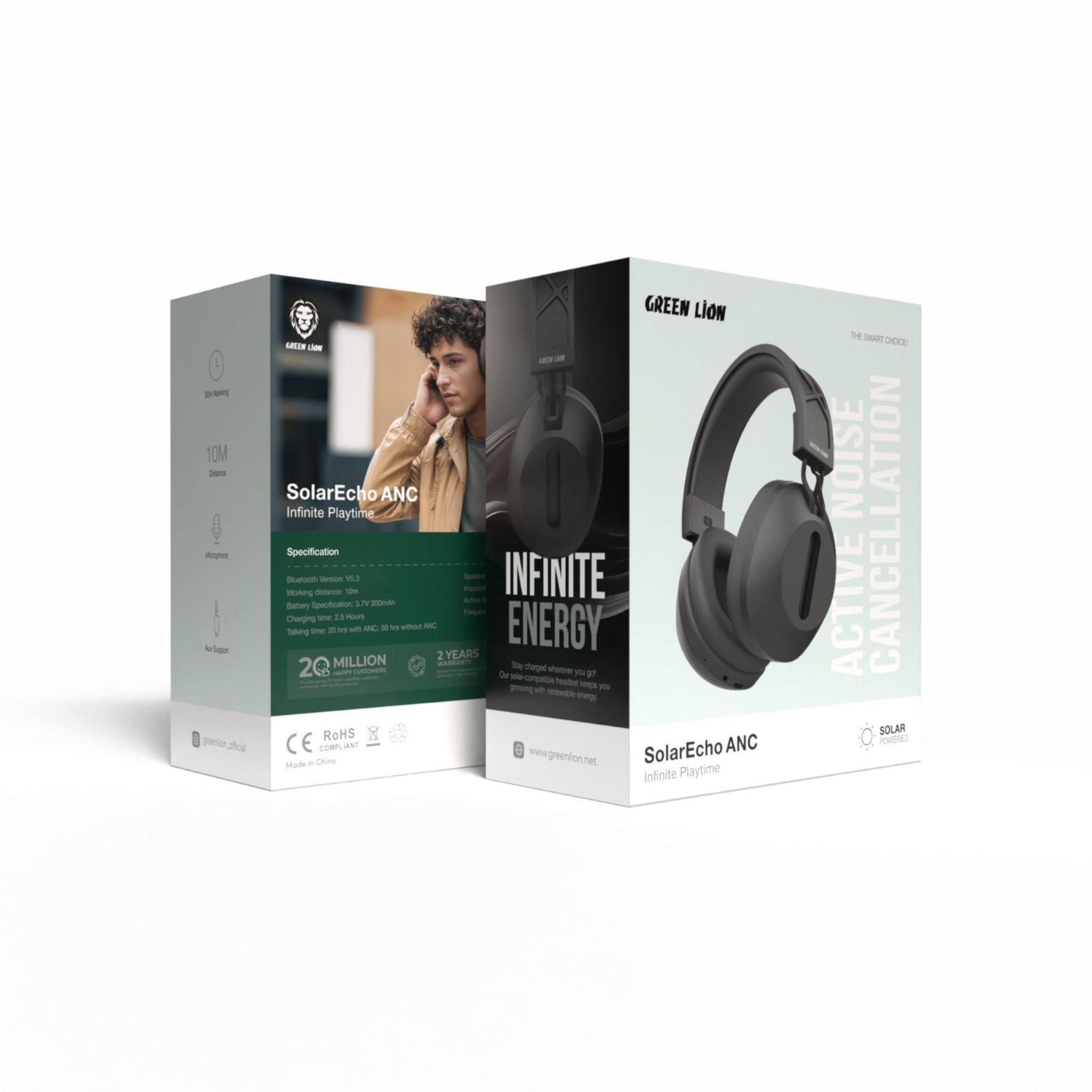 Green Lion SolarEcho ANC Over-Ear Headphones, Up to 30 Hours Talking Time, 10m Working Distance, 40mm Speaker Size, Microphone Available, AUX Support - Black