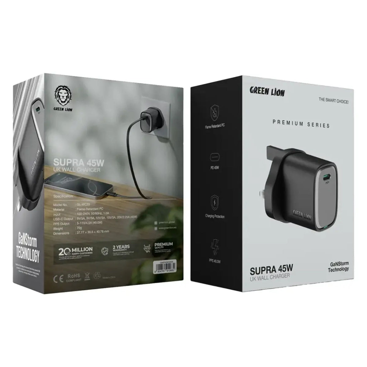 Green Lion Supra 45W UK Wall Charger - Black/Grey