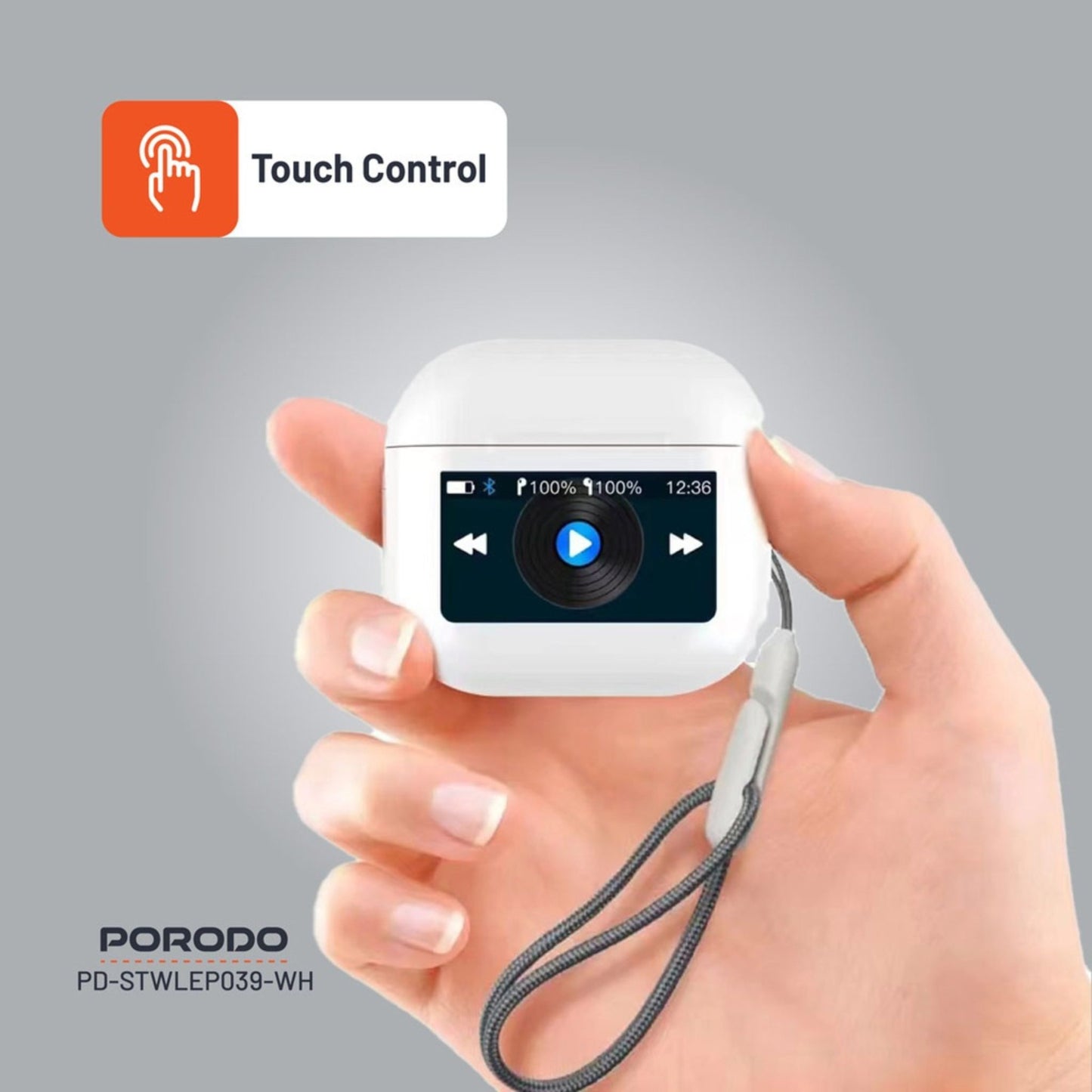 Porodo Soundtec Glimpse Earbuds with Touch Display, TWS, Portable, Bluetooth 5.4, 4 Hours Playtime, 300mAh Battery Capacity, Touch Controls - White