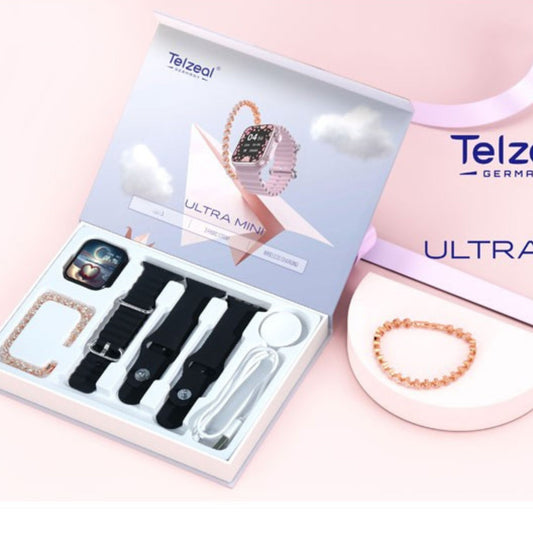 Telzeal Ultra Mini 42 mm Smart Watch and Fashion Bracelet With 3 Pair Straps Wireless Charger For Ladies and Girls Black