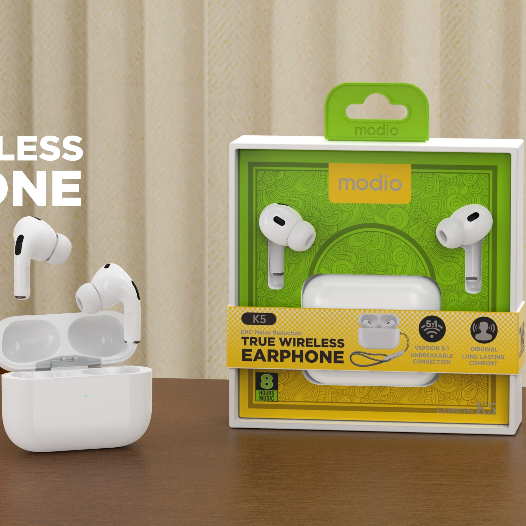 Modio K5 True Wireless Earphone - White With Free Case
