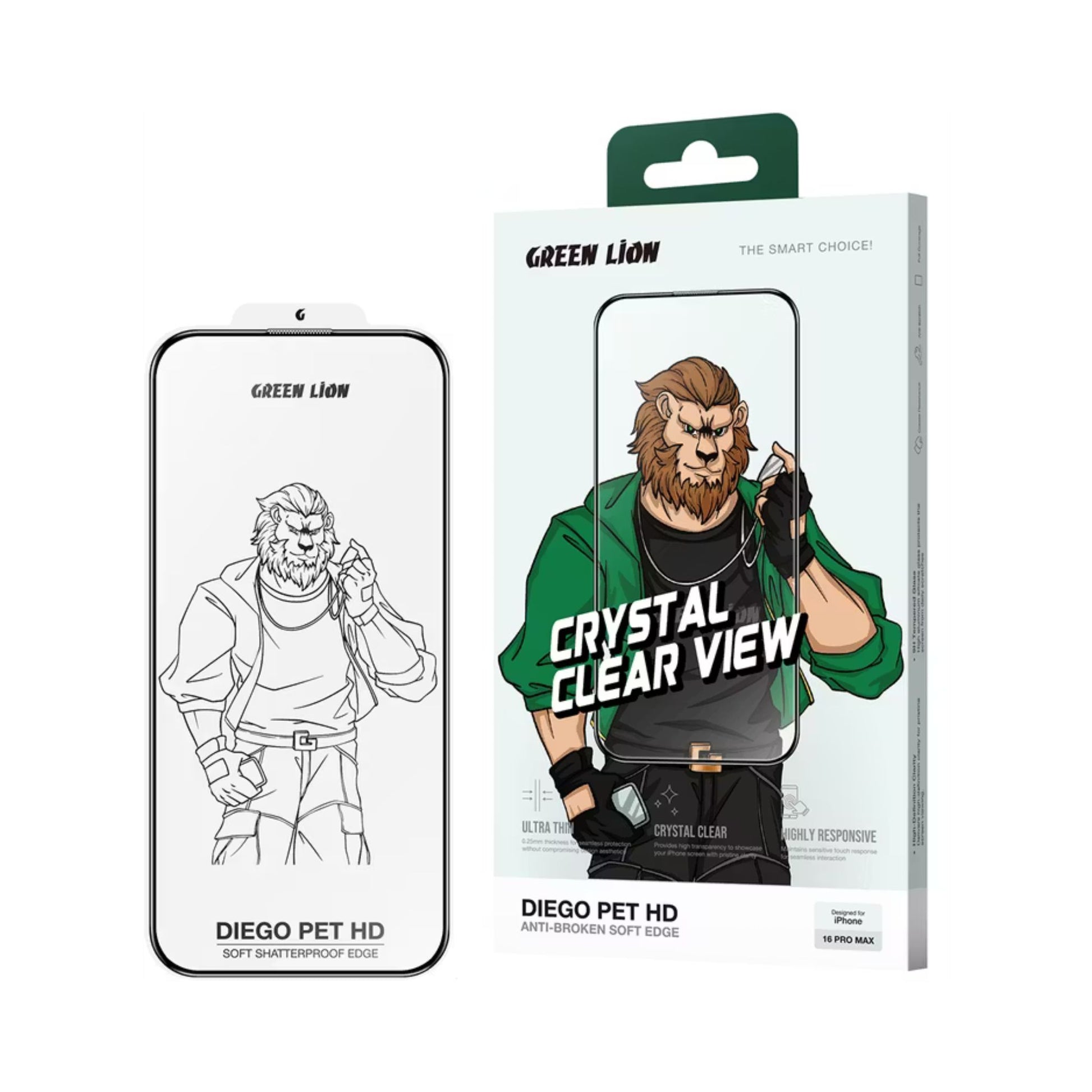 Packaging of Green Lion Diego Pet HD phone case with character illustration on a white background