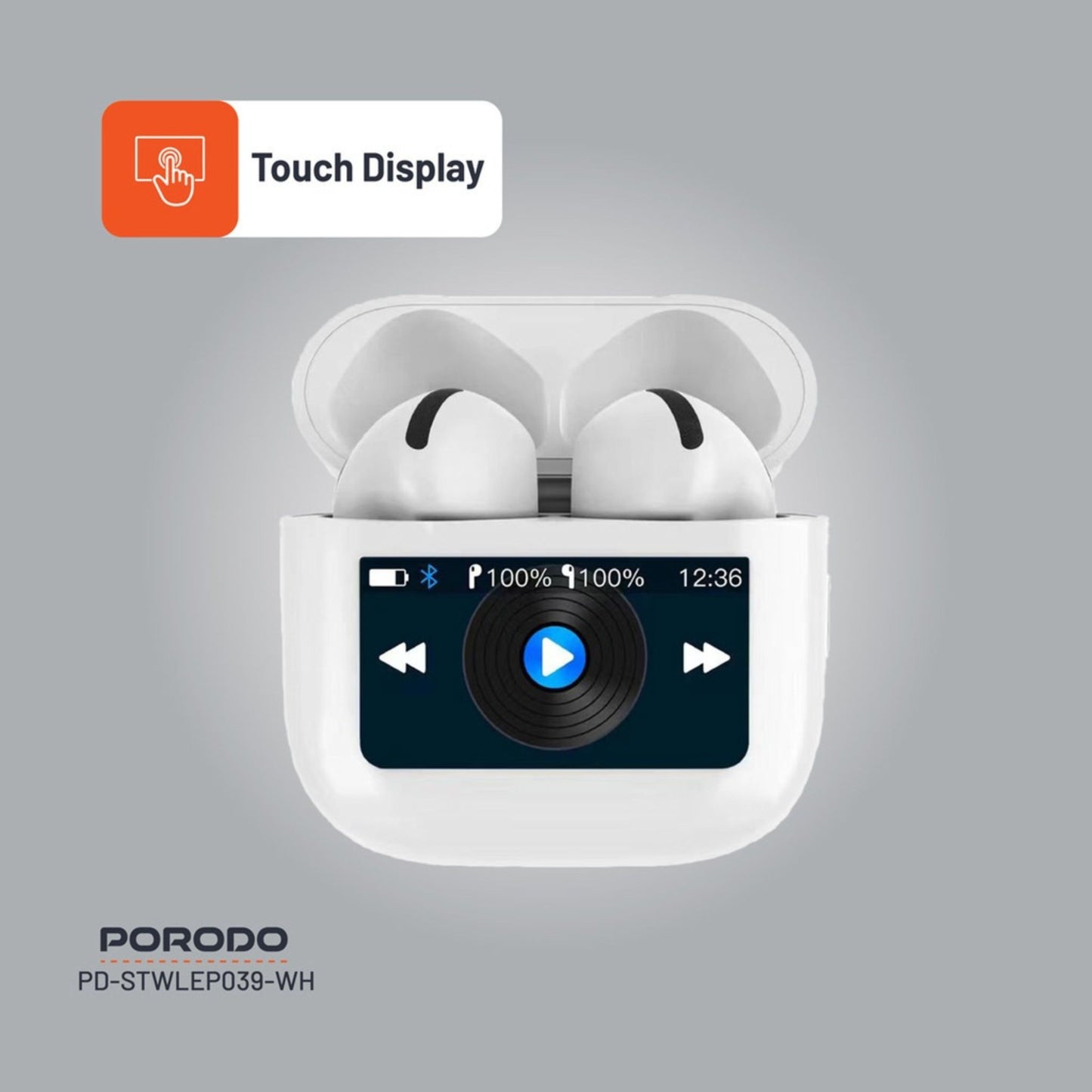 Porodo Soundtec Glimpse Earbuds with Touch Display, TWS, Portable, Bluetooth 5.4, 4 Hours Playtime, 300mAh Battery Capacity, Touch Controls - White