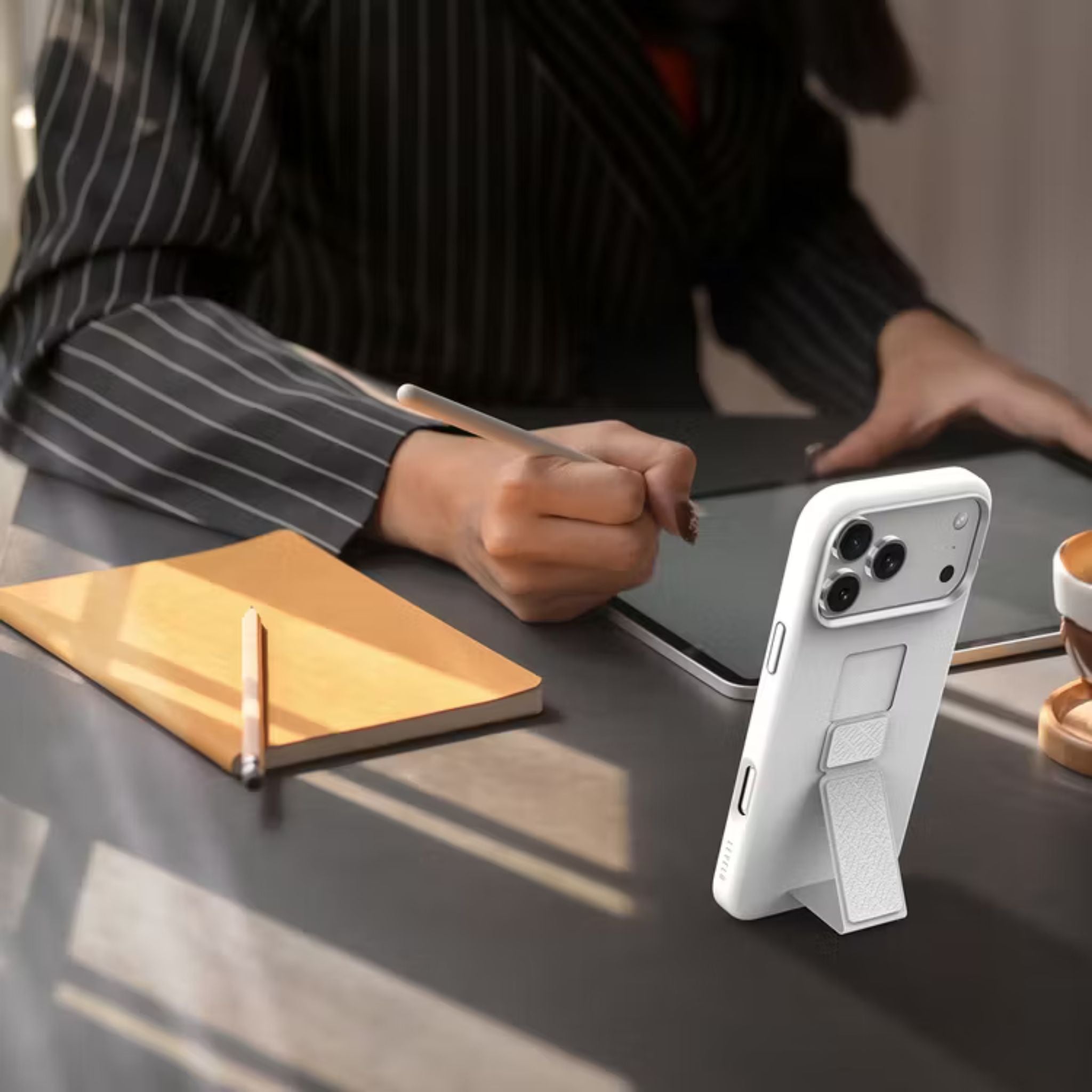 Levelo Morphix Silicone GripStand Case for iPhone 17 Pro, Hands-Free Viewing, True Microfiber Interior Lining, Horizontal & Vertical Stand, Shock-Resistant Bumper, Raised Bezels for Camera & Screen, Slim Fit Design - Silver