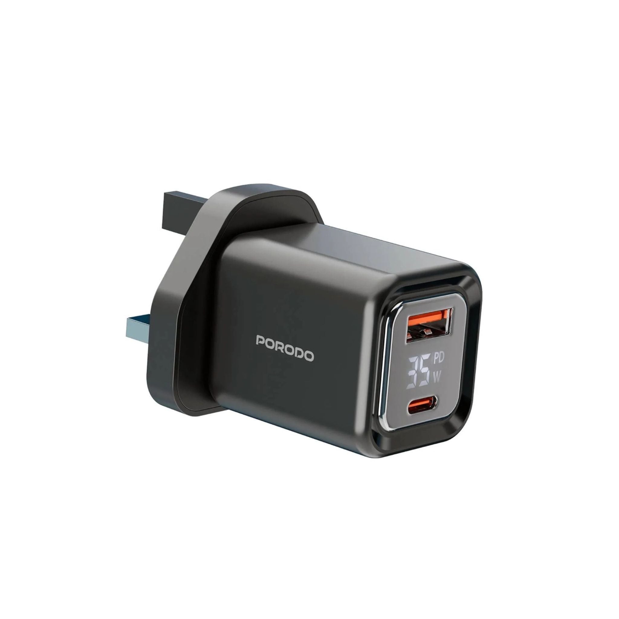 Porodo  PD35W GaN Display Screen USB +C Fast Charger UK Plug with  Type-C Transparent Cable - Black