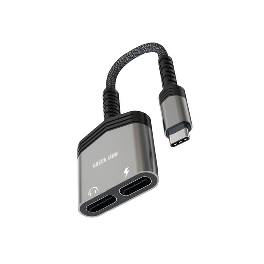 Green Lion 2 In 1 Splitter Adapter Type-C to Type-C (Charging & Audio) - Black