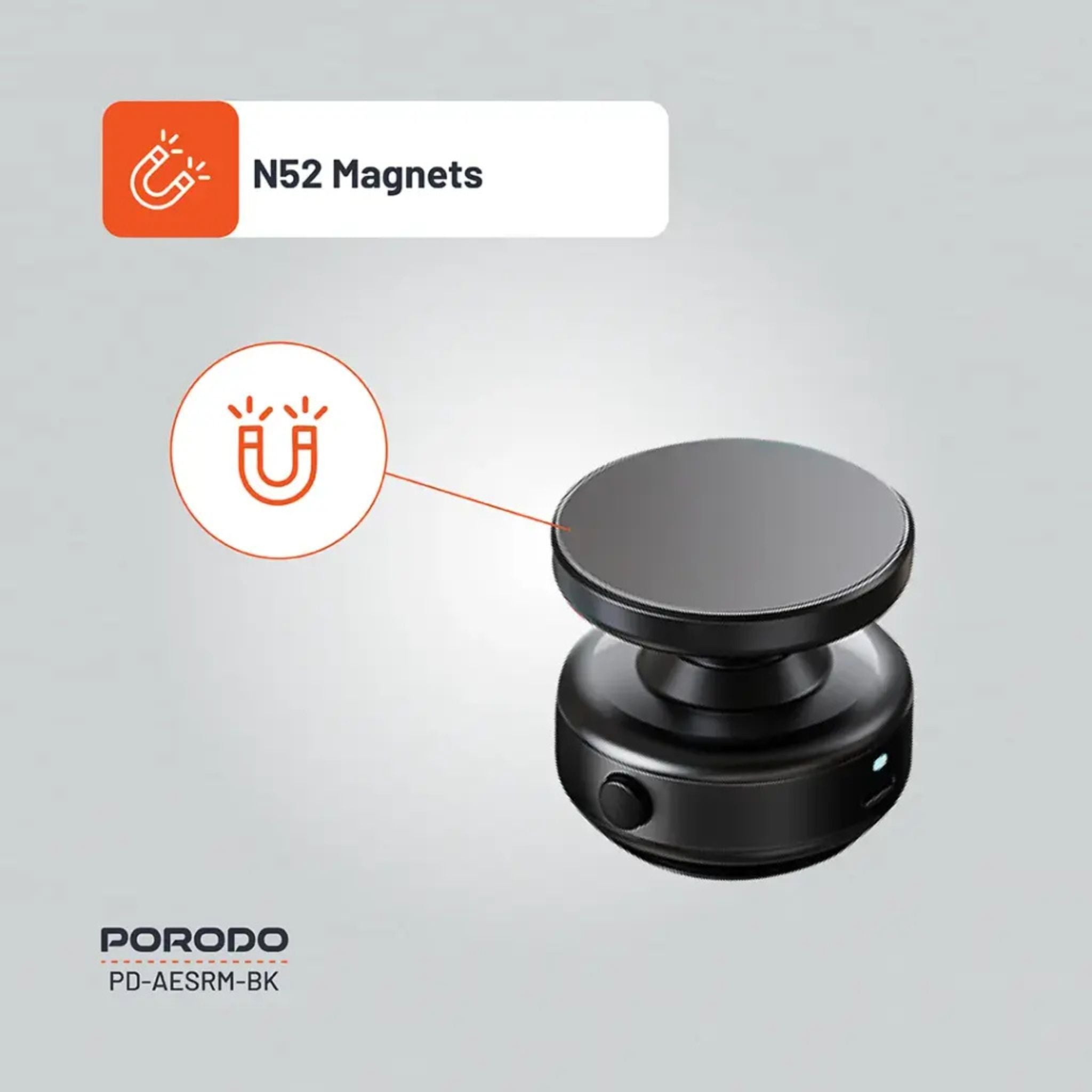 Porodo Vacuseal Magsafe Magnetic Mount with 110mAh Battery, Туре-С Charging Port, x16 Powerful N52 Magnets, 4.7" and Above Device Compatibility, Adjustable Viewing Angle - Black