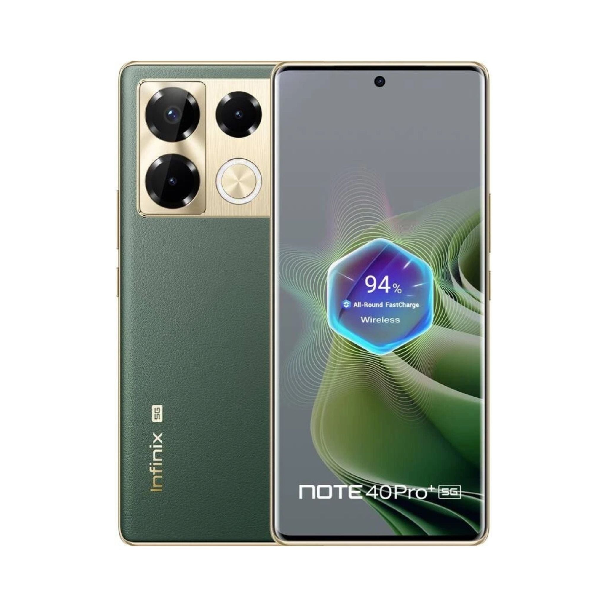 Infinix Note 40 Pro+ smartphone showing front and back on a white background