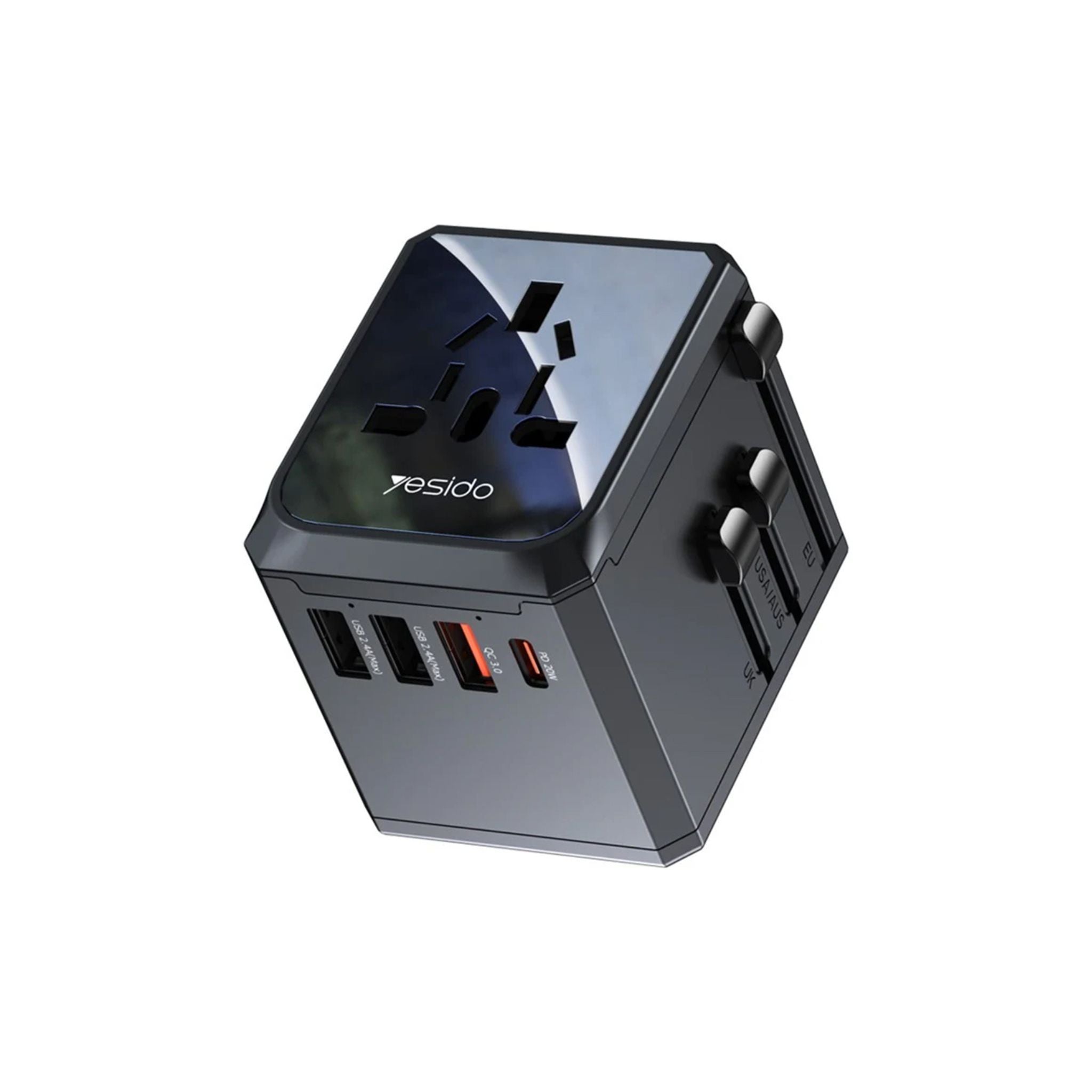 Gray travel adapter with multiple ports on a white background