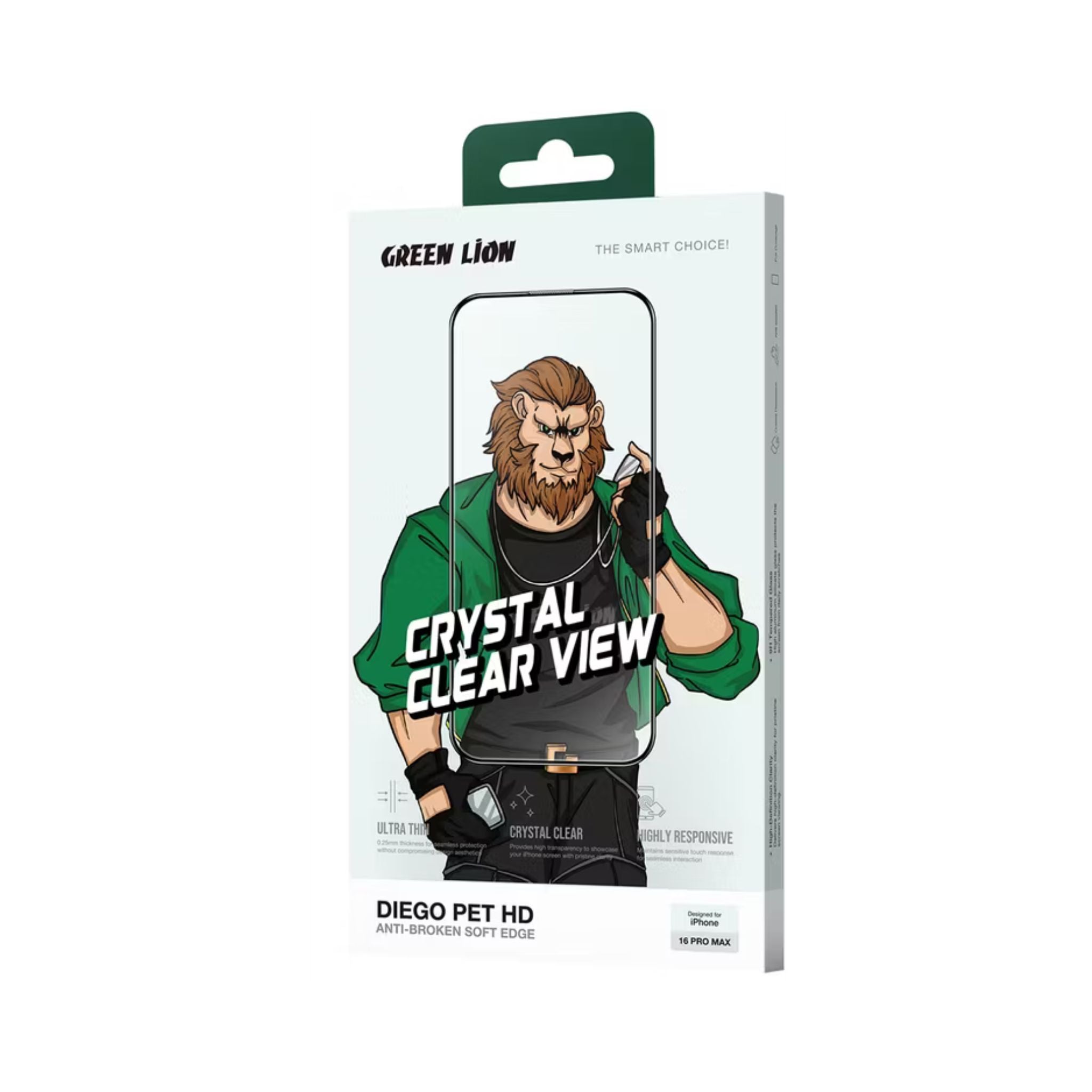 Green Lion Diego Pet HD Screen Protector for iPhone 16 Pro Max, Anti-Fingerprint, Crystal Clear, 9H Tempered Glass, Highly Responsive, Bubble Free - Clear