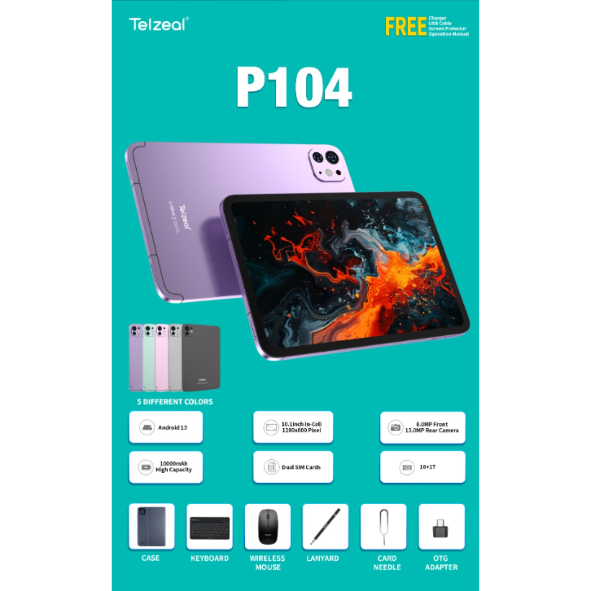 Telzeal P104 Android Tablet, 10.1-inch Display, 10000mAh Battery, 13MP Camera, Dual SIM-Purple