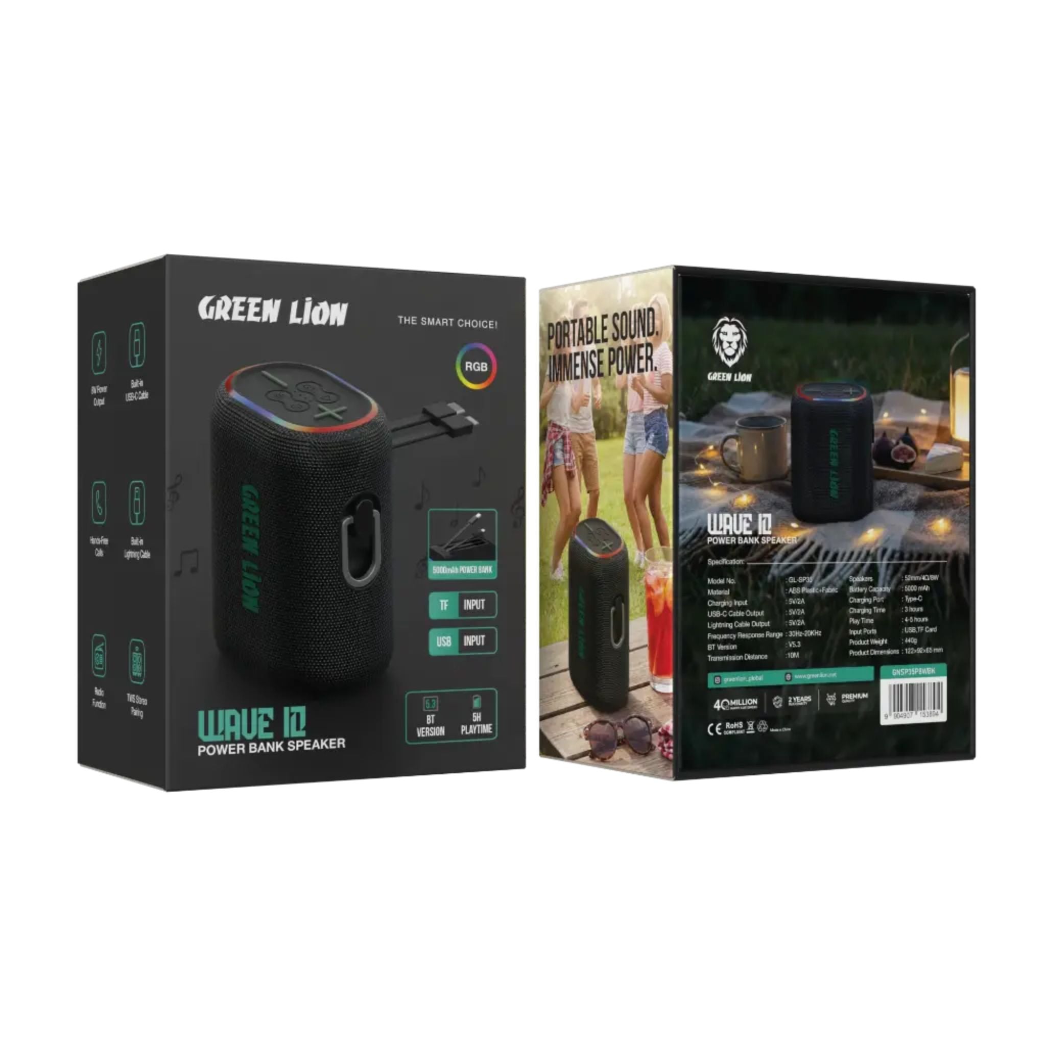Green Lion WAVE 10 Speaker with 5000mAh Power Bank - Black