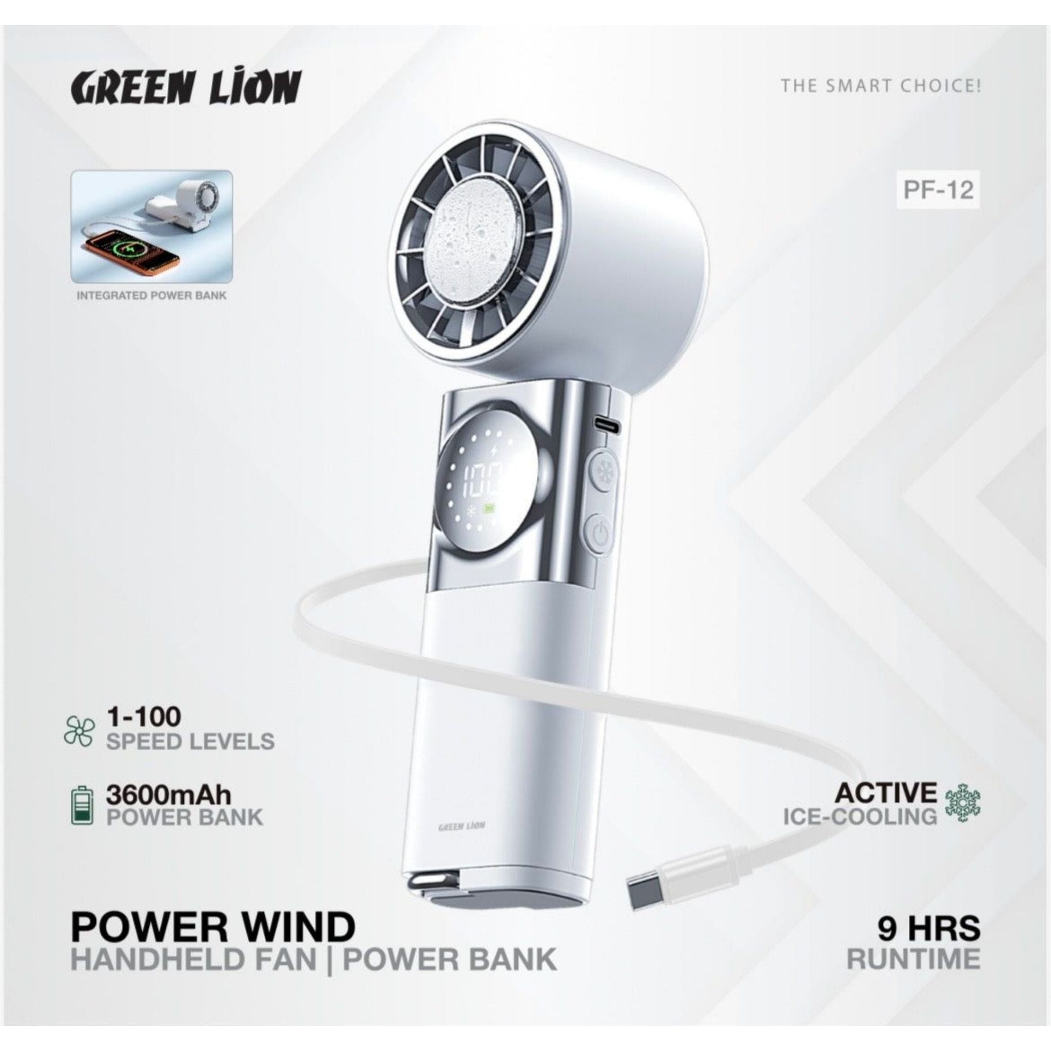 Green Lion Power Wind Portable Fan Instant Cooling with 3600mAh Power Bank and USB-C Charging