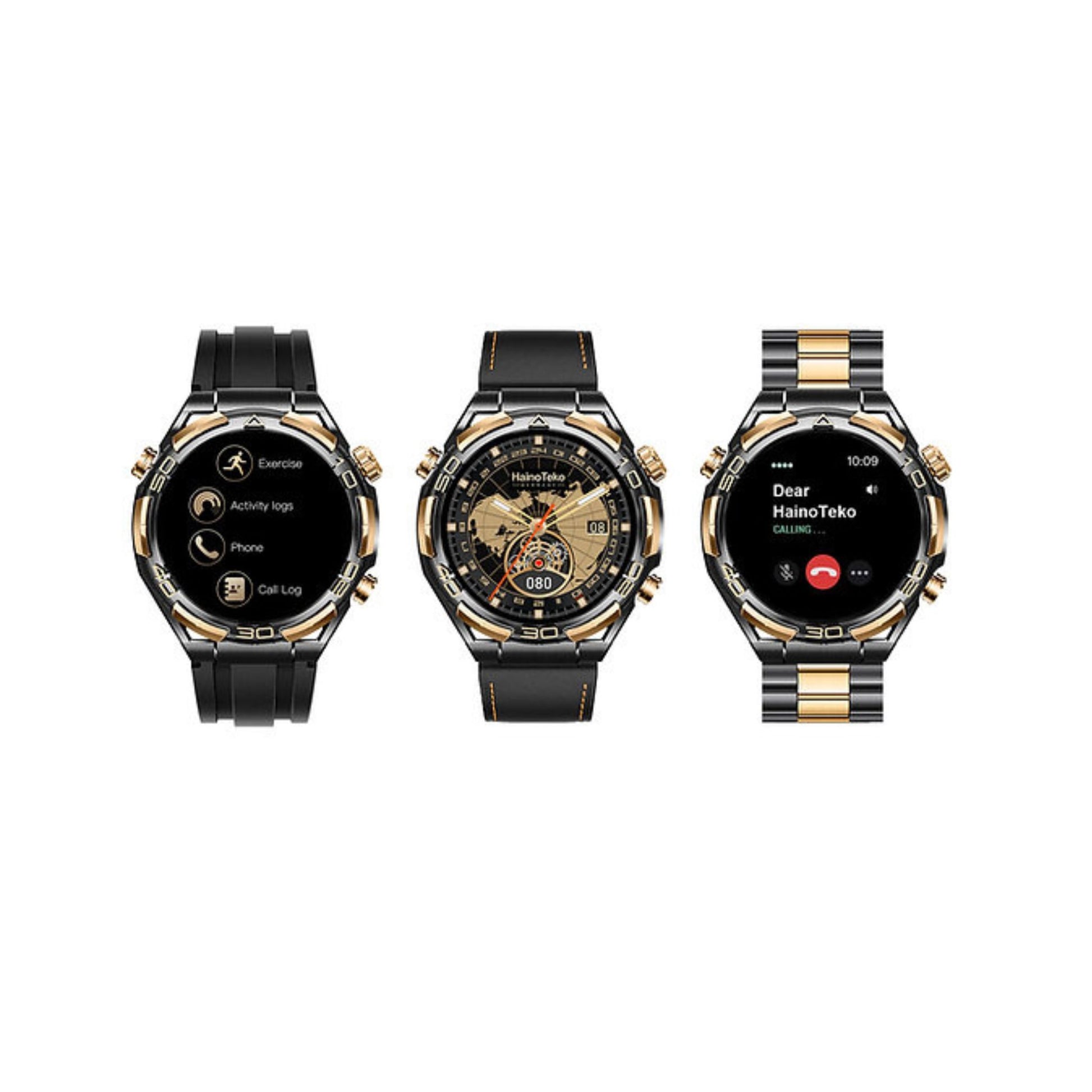 Three smartwatches with different designs on a white background