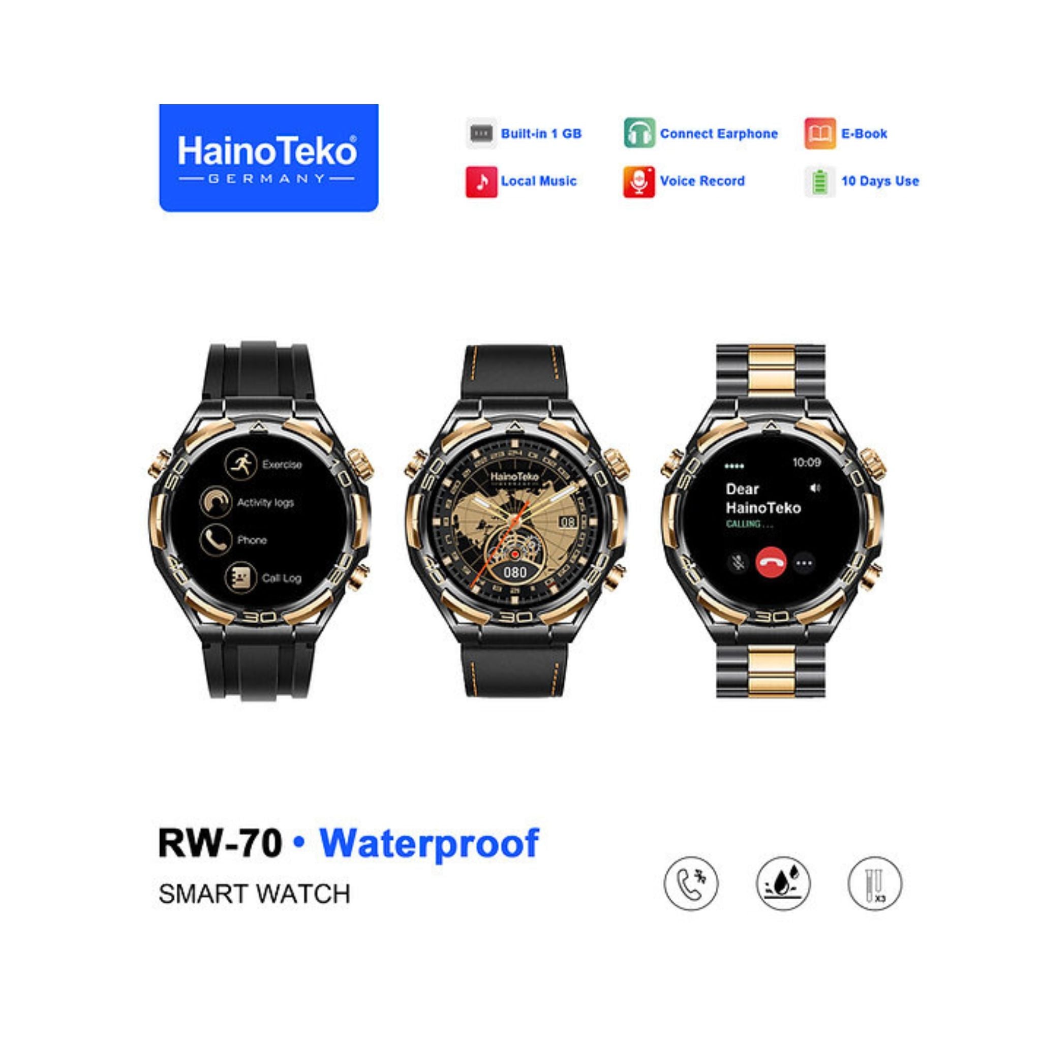 Haino Teko RW-70 AMOLED Waterproof Smart Watch with 1GB Built-in Storage 10-Day Battery and 3 Pair Straps Designed for Men-Black & Gold