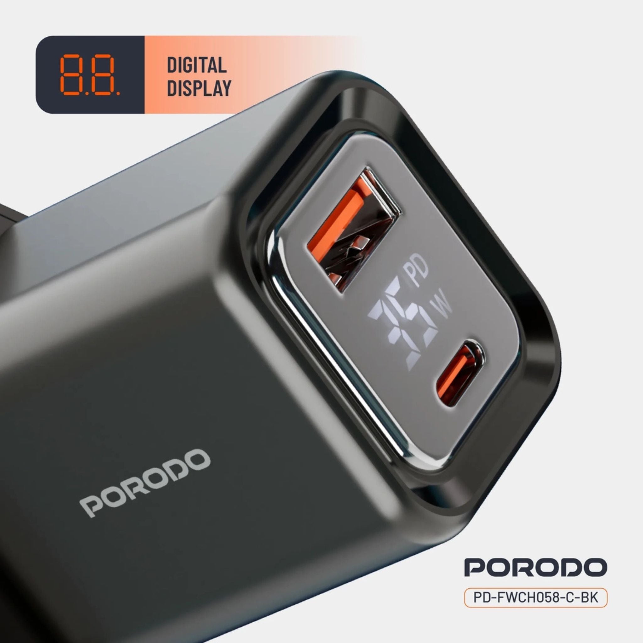 Porodo  PD35W GaN Display Screen USB +C Fast Charger UK Plug with  Type-C Transparent Cable - Black