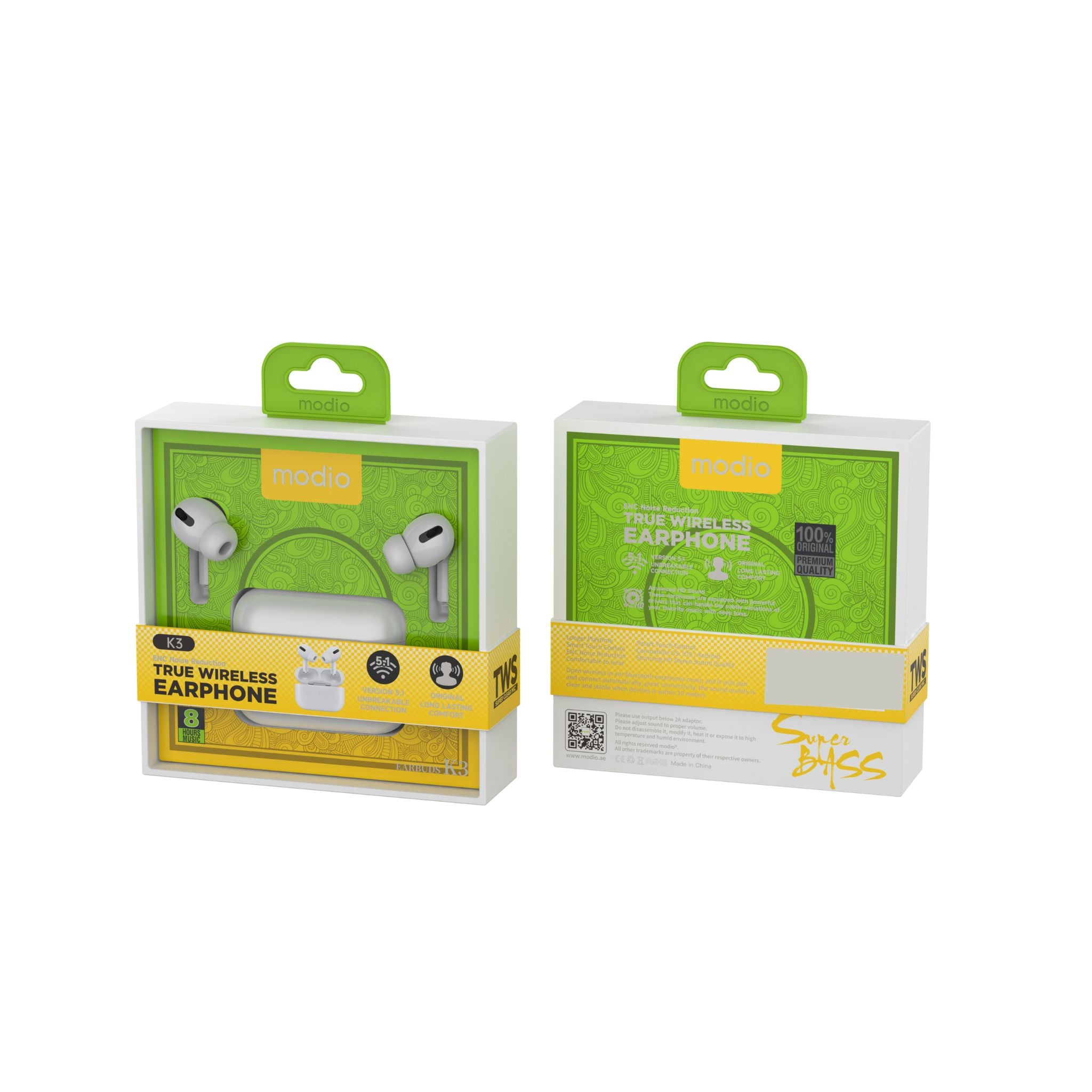 Modio K3 True Wireless Earphone with ENC noise Reduction-White