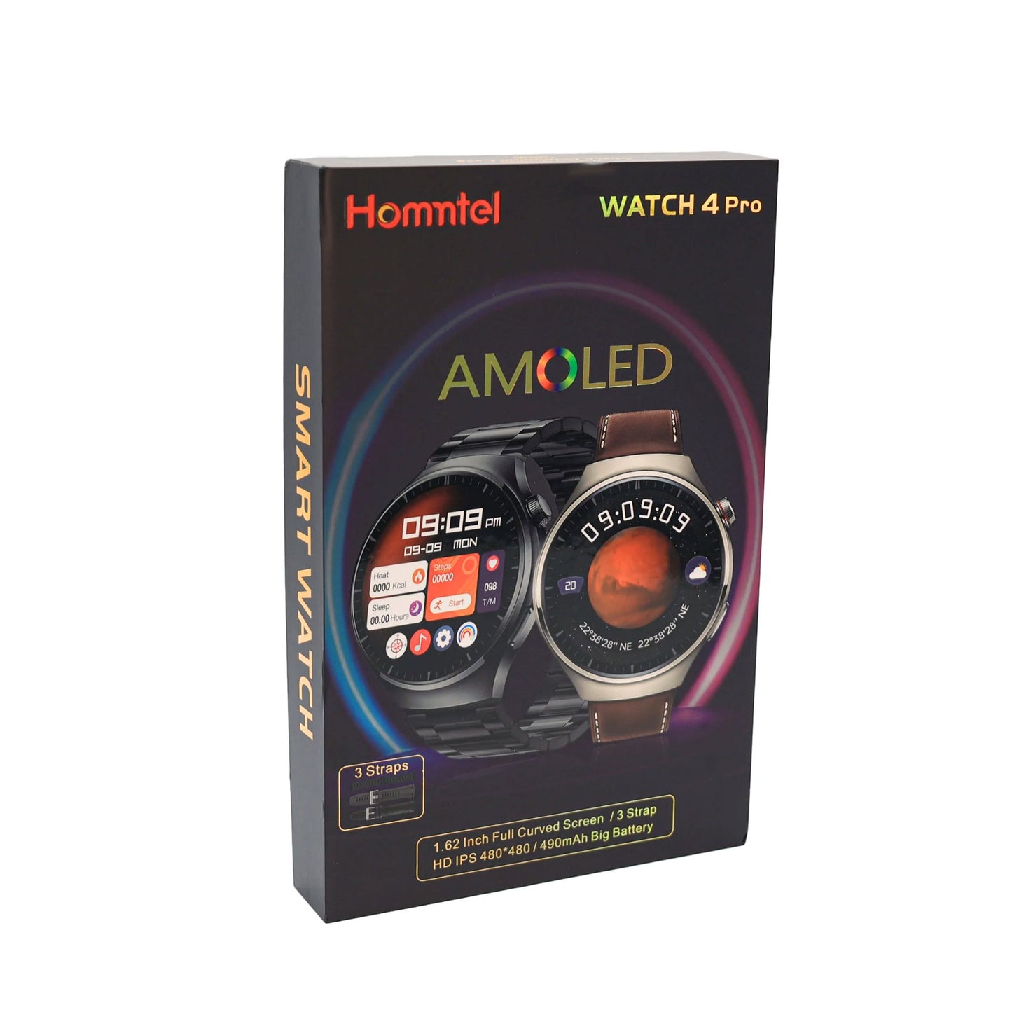 Homntel Germany Watch 4 Pro with 3 Straps HD IPS Amolded Display 480*480/490mAh Big Battery_Black