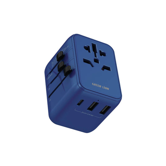 Green Lion 12W Universal Travel Adapter, Short Circuit Protection, UK, AU, EU and US Pin, Super Compact & Travel Friendly - Blue