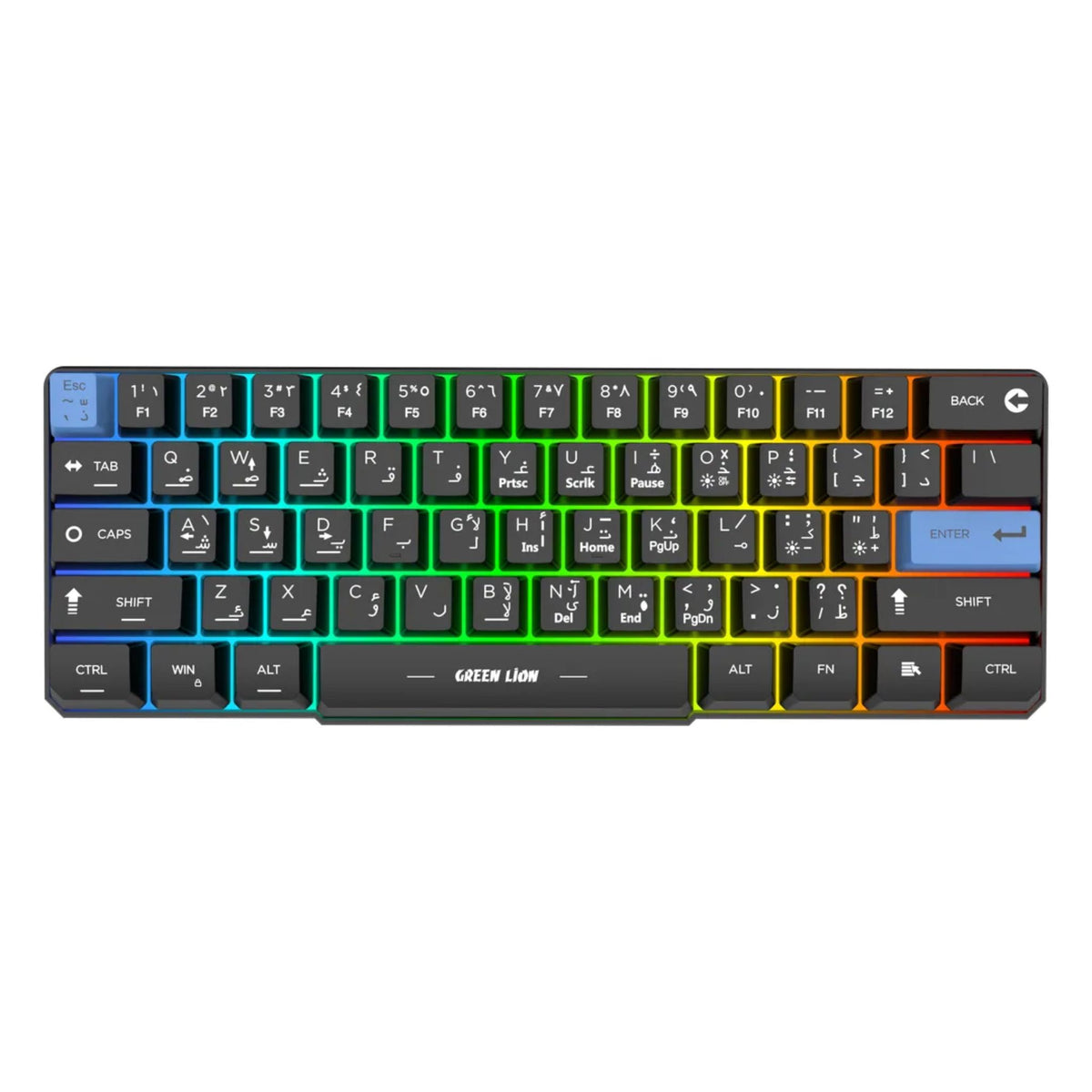 GREEN LION GKM-60 60% Wired Gaming Keyboard, USB-C Detachable Cable, Rainbow Backlight, Arabic-English Bilingual Keys, Mechanical Feel, Compact Layout - Black