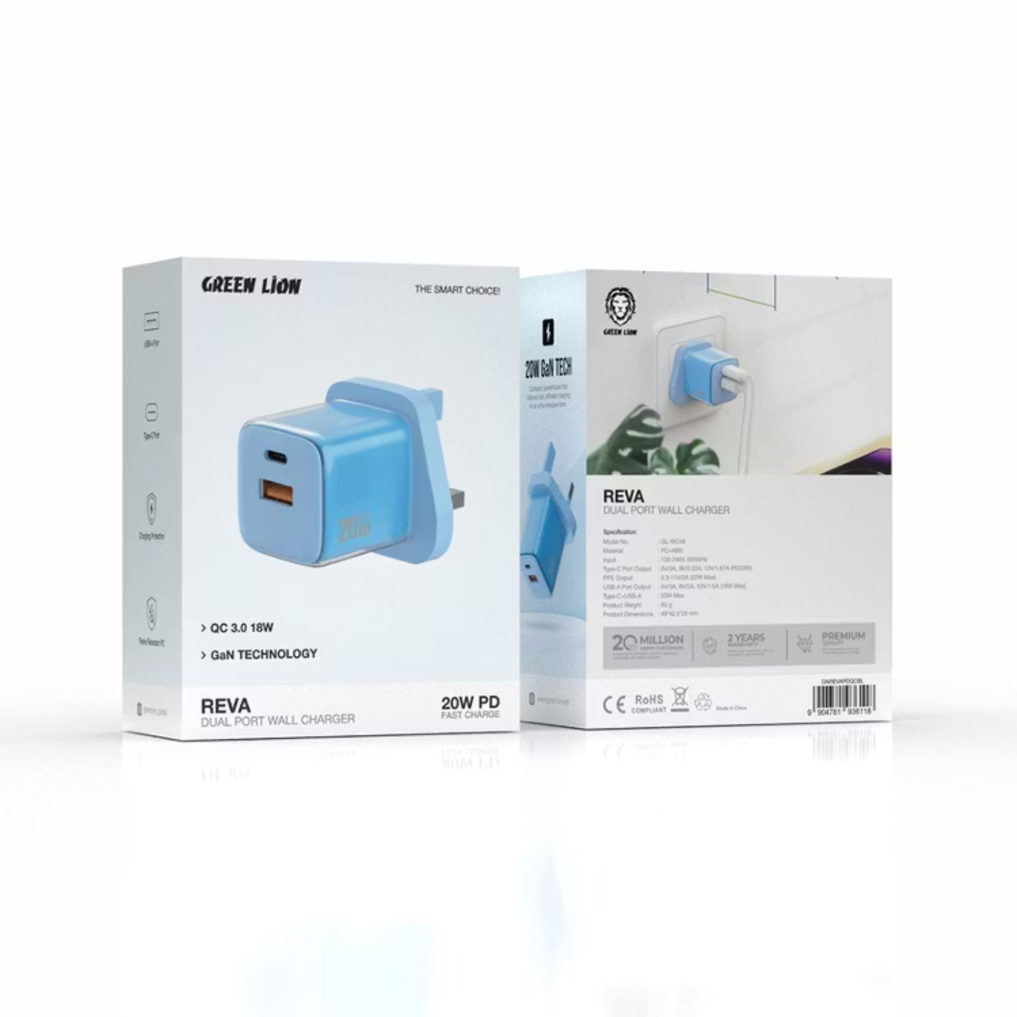 Green Lion Reva Dual Port Wall Charger with Fast Charge Support, 20W Power Delivery, 18W USB-A Output, Flame-Retardant Material, Multi-Device Charging, Built-in Safeguard, GaN Technology - Blue