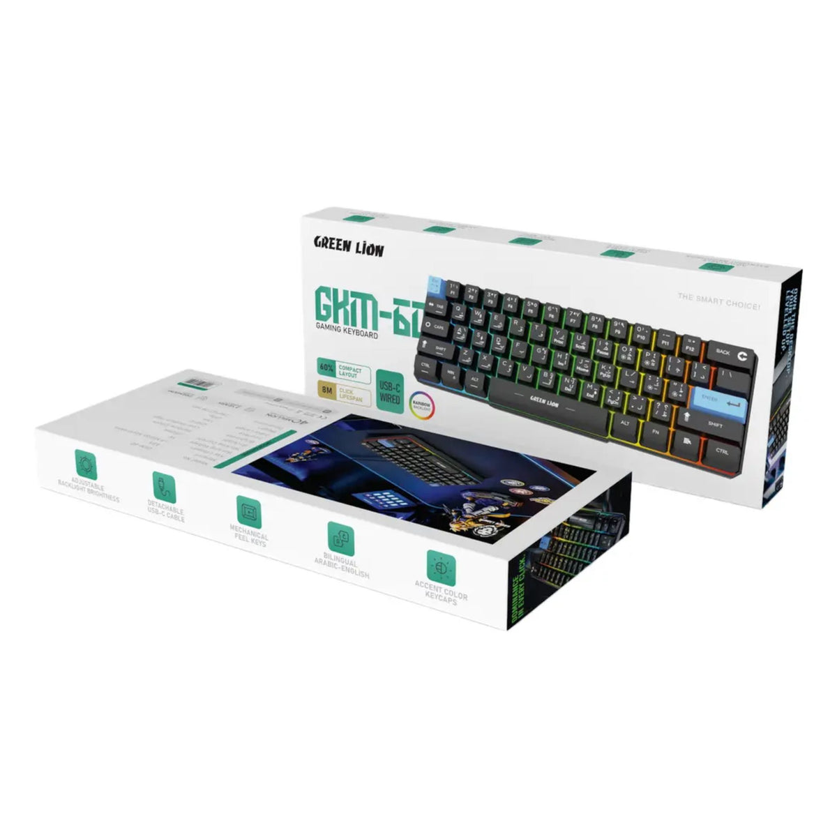 GREEN LION GKM-60 60% Wired Gaming Keyboard, USB-C Detachable Cable, Rainbow Backlight, Arabic-English Bilingual Keys, Mechanical Feel, Compact Layout - Black