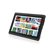 A black 7-inch Modio M1 Tablet for Kids with a dual camera display, featuring a colorful app screen.