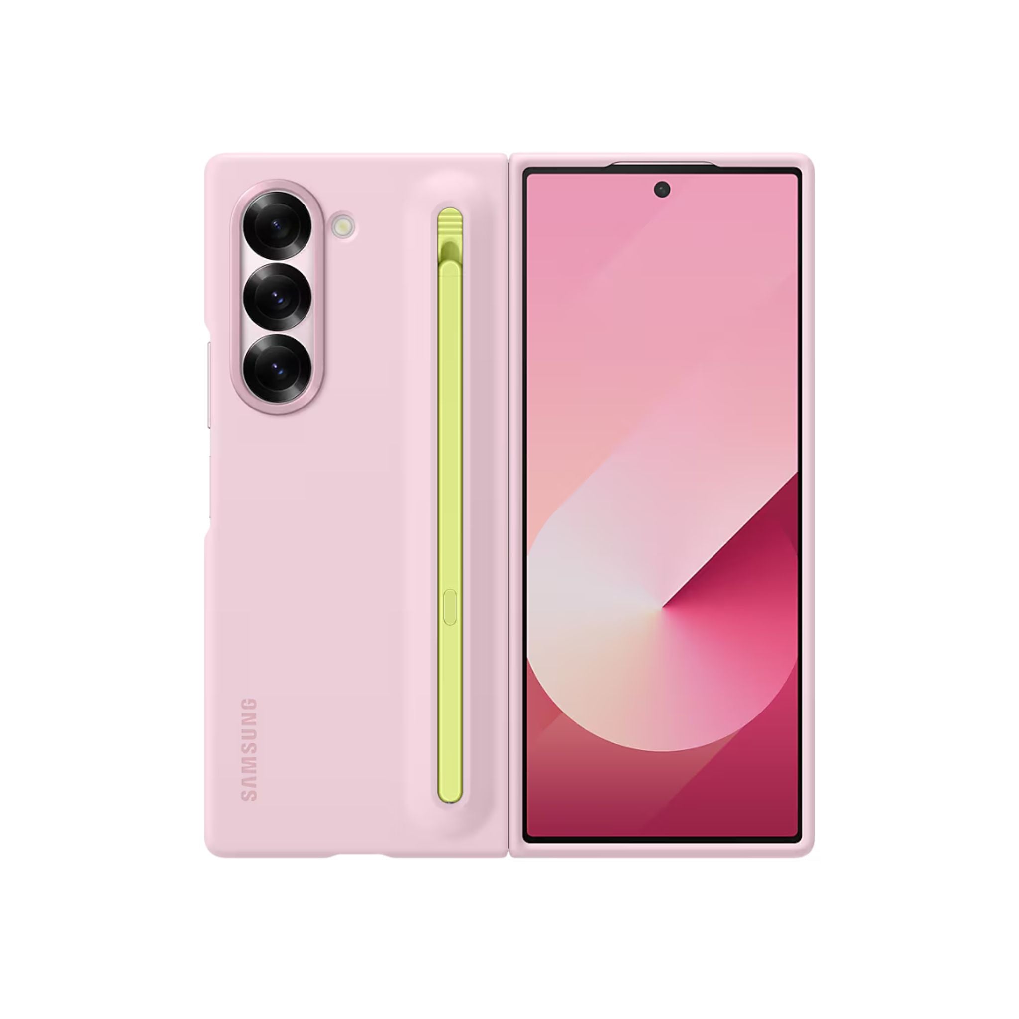 A pink Galaxy Z Fold6 S Pen case with the S Pen inside, displayed in front of the phone.
