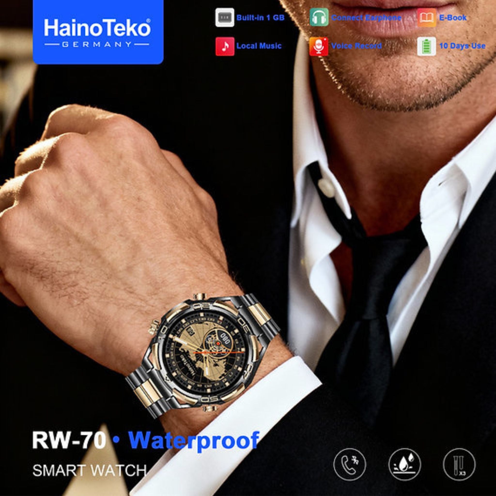 Haino Teko RW-70 AMOLED Waterproof Smart Watch with 1GB Built-in Storage 10-Day Battery and 3 Pair Straps Designed for Men-Black & Gold