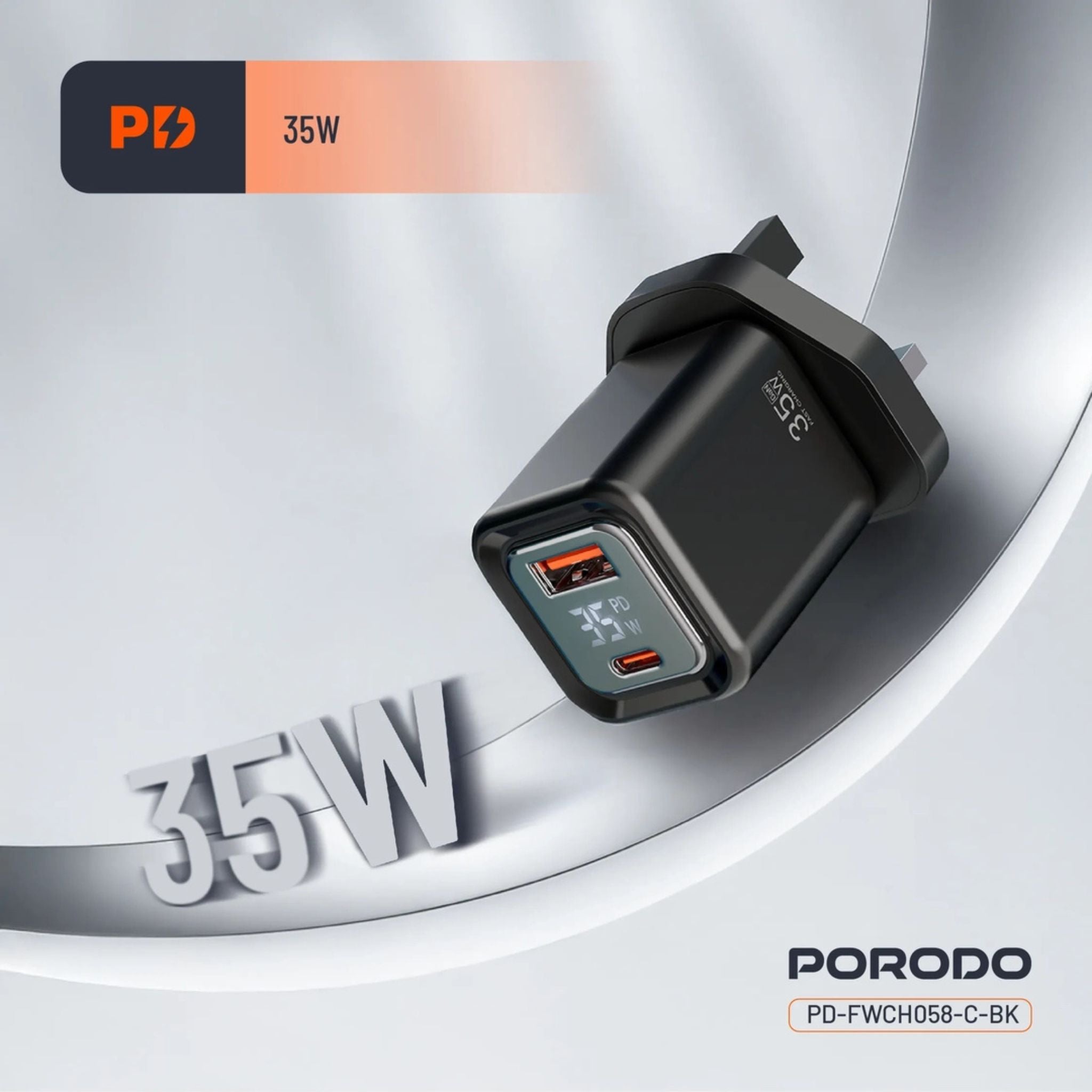 Porodo  PD35W GaN Display Screen USB +C Fast Charger UK Plug with  Type-C Transparent Cable - Black