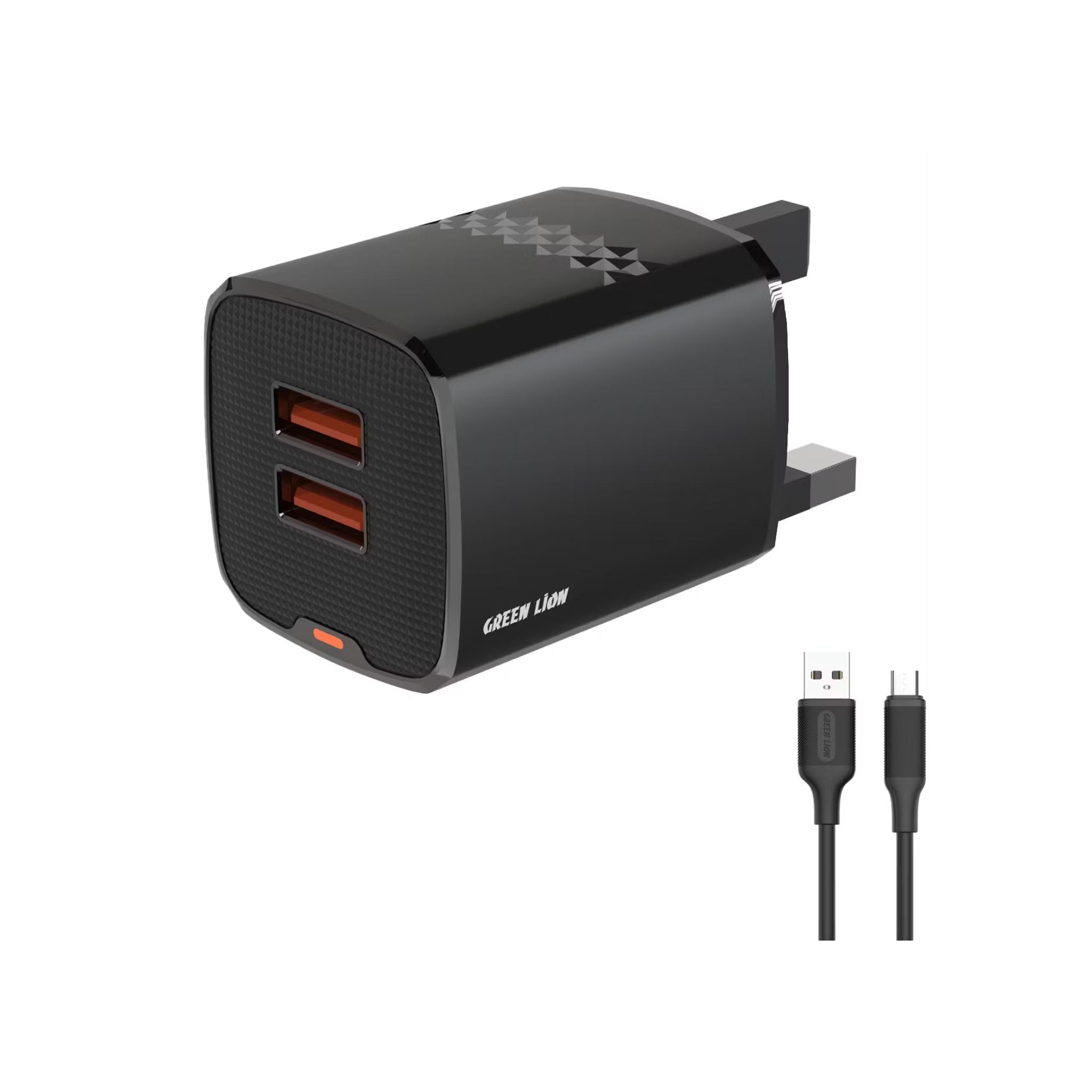 Green Lion Dual Port Wall Charger with USB-A to USB-C Cable, 10.5W per USB-A Output, ABS Material, UK 3-Pin Plug, Smart Safety System, Ultra-Compact Design - Black
