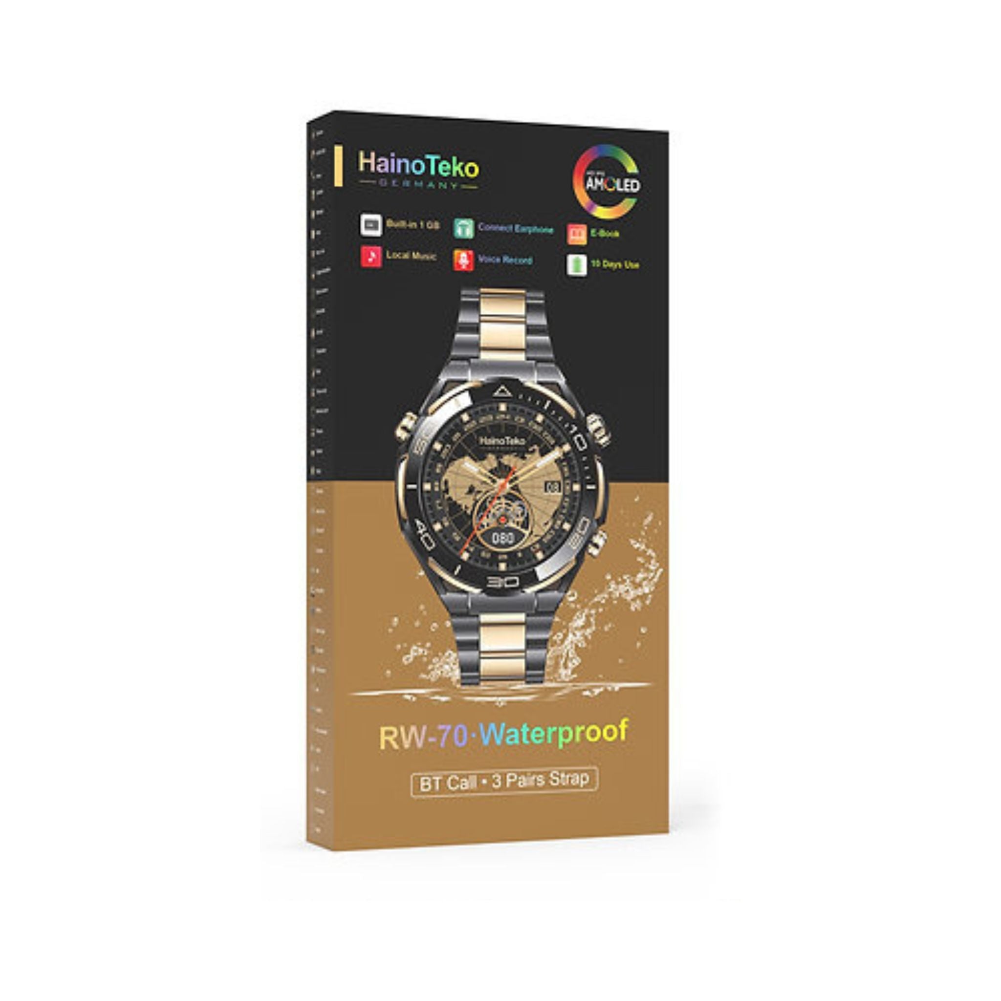 Haino Teko RW-70 AMOLED Waterproof Smart Watch with 1GB Built-in Storage 10-Day Battery and 3 Pair Straps Designed for Men-Black & Gold
