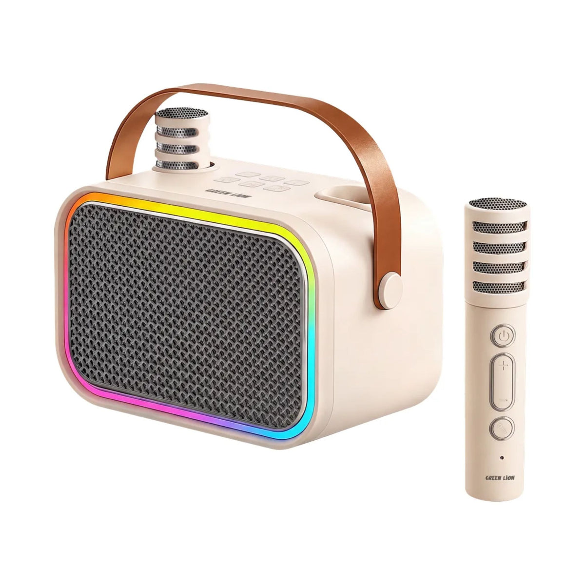 GREEN LION Pico Kids Karaoke Speaker with 2 Microphones, 5W Speaker, Bluetooth 5.3, 7 RGB Light Modes, 4 Vocal Effects, 1500mAh Battery, 6 Hours Playtime, USB, AUX & TF Card Support -  Beige
