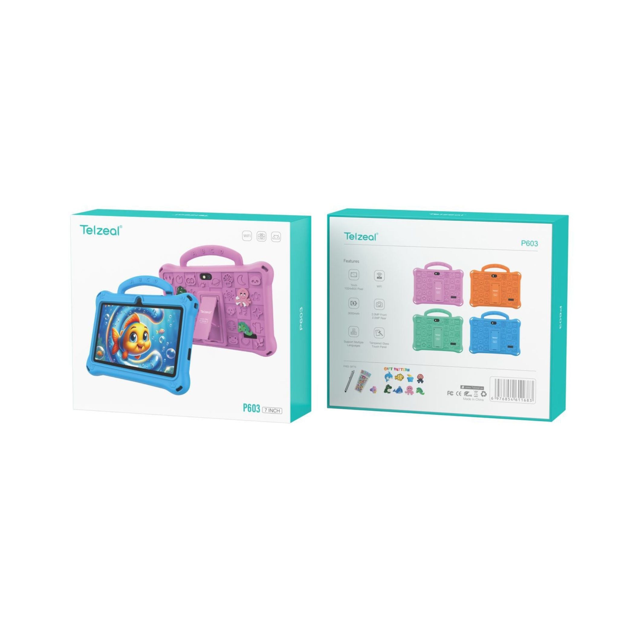 Telzeal P603 Kids Tablet – 7 Inch Display (6+128GB) 1024x600 HD Display, Wi-Fi, 3000mAh Battery, 2MP Front & Rear Cameras, Tempered Glass & Touch Panel + Free Gifts- Green