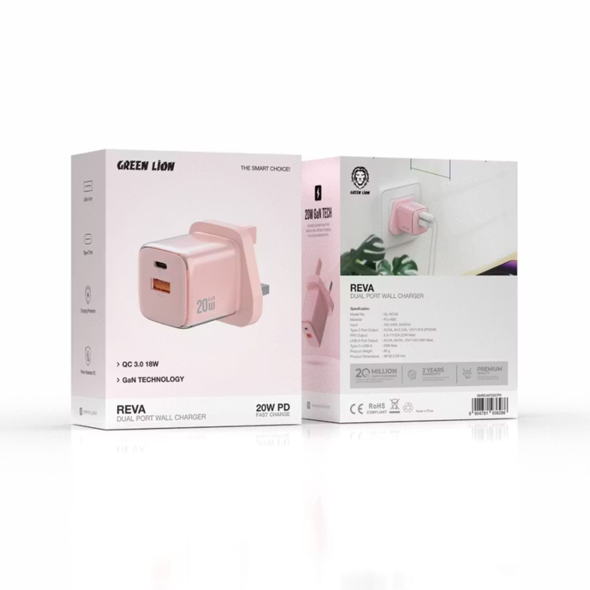 Green Lion Reva Dual Port Wall Charger with Fast Charge Support, 20W Power Delivery, 18W USB-A Output, Flame-Retardant Material, Multi-Device Charging, Built-in Safeguard, GaN Technology - Pink