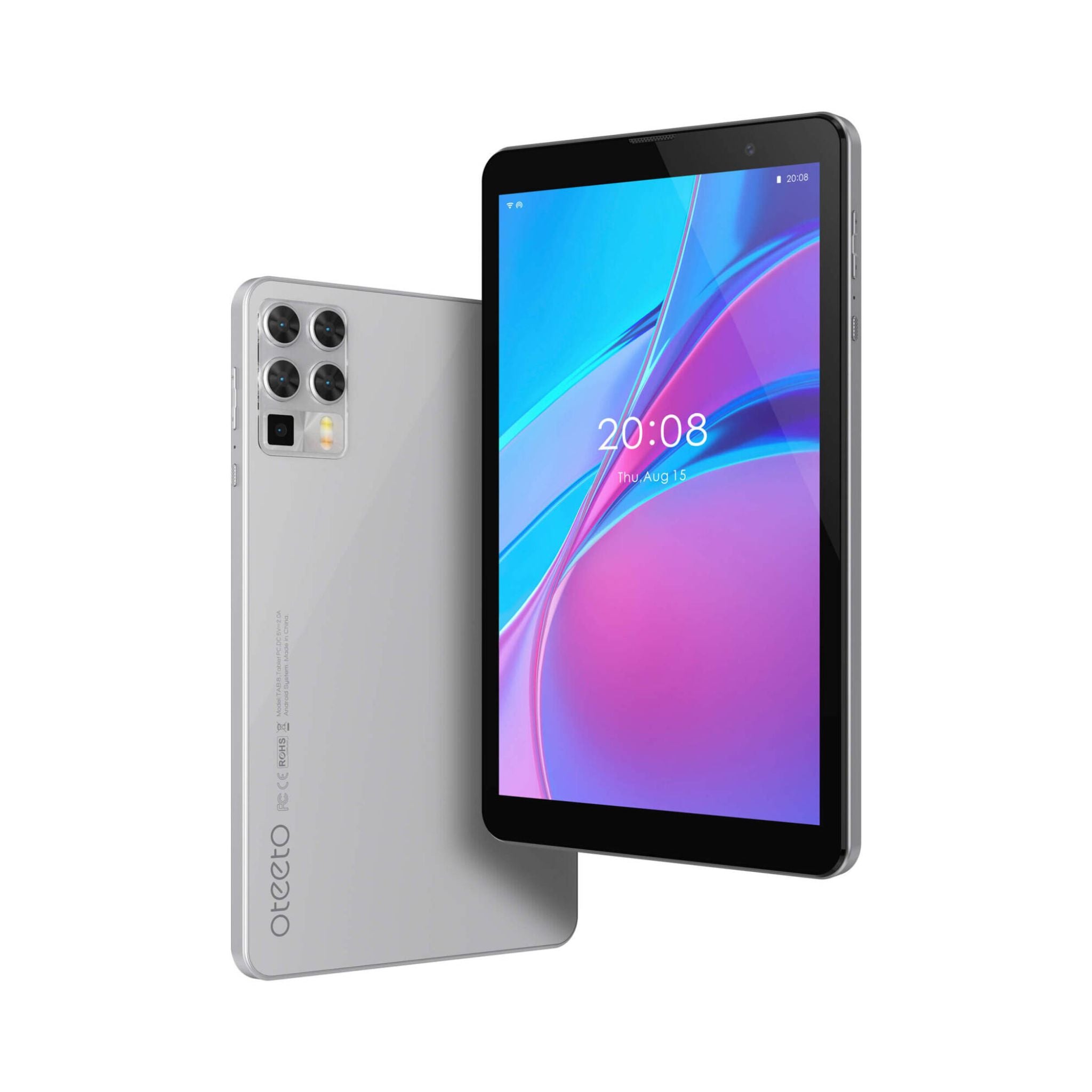 Tablet with colorful display and back view on a white background