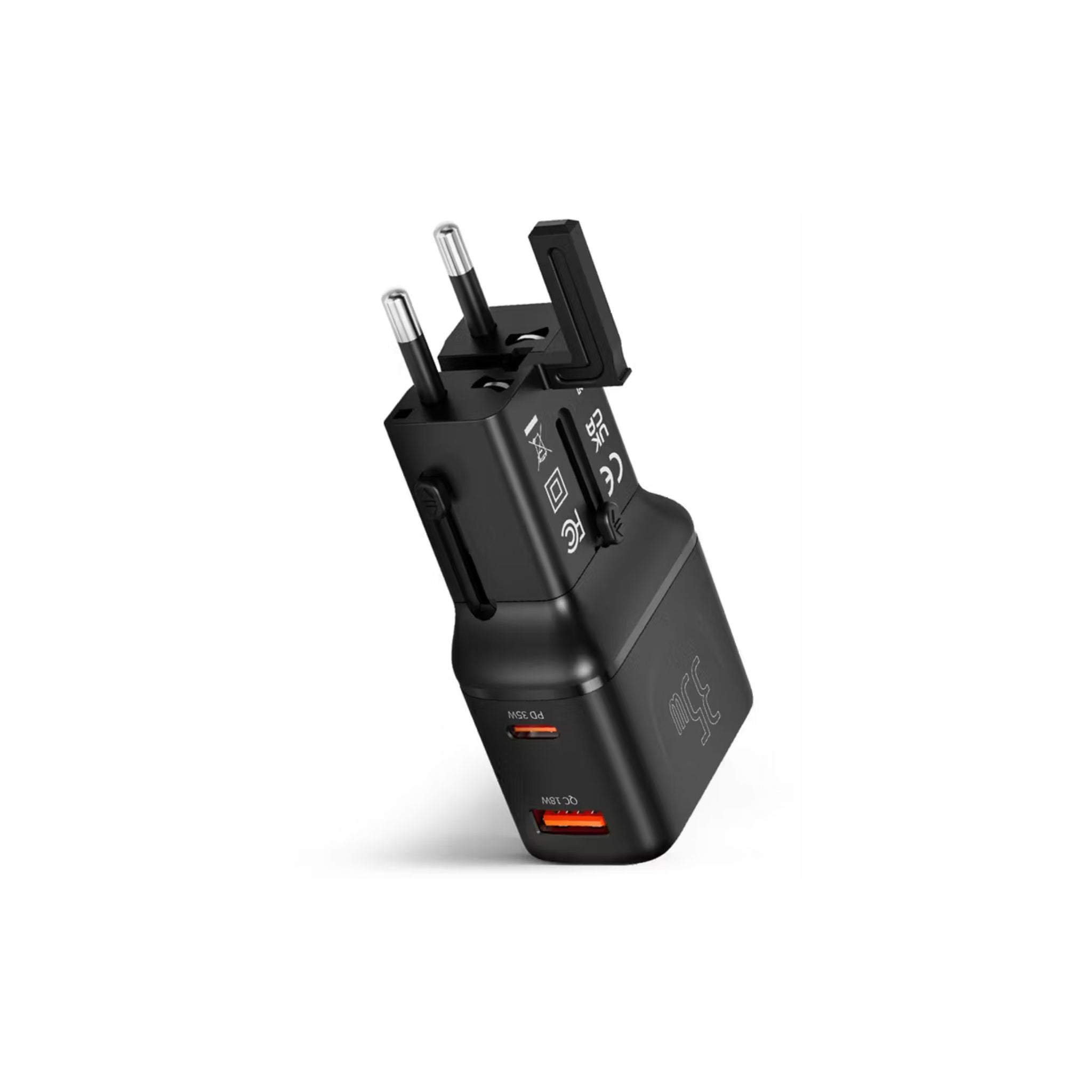 Porodo Universal Travel Pocket Charger with 800mA Battery Capacity, Supported UK, EU, US & AU Plugs, 35W Mini Universal Charger, USB-A & USB-C Ports, Built-in Safeguards, 200+ Countries - Black