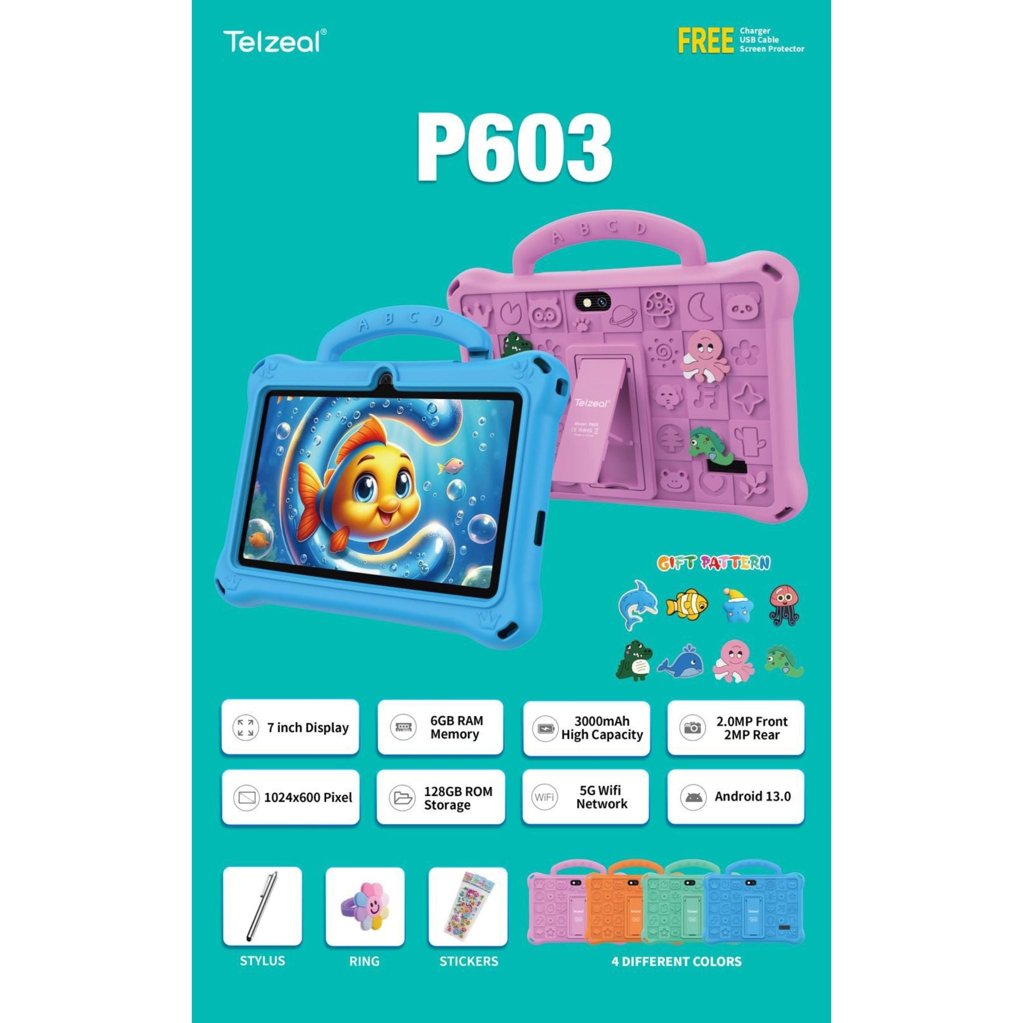 Telzeal P603 Kids Tablet – 7 Inch Display (6+128GB) 1024x600 HD Display, Wi-Fi, 3000mAh Battery, 2MP Front & Rear Cameras, Tempered Glass & Touch Panel + Free Gifts- Green